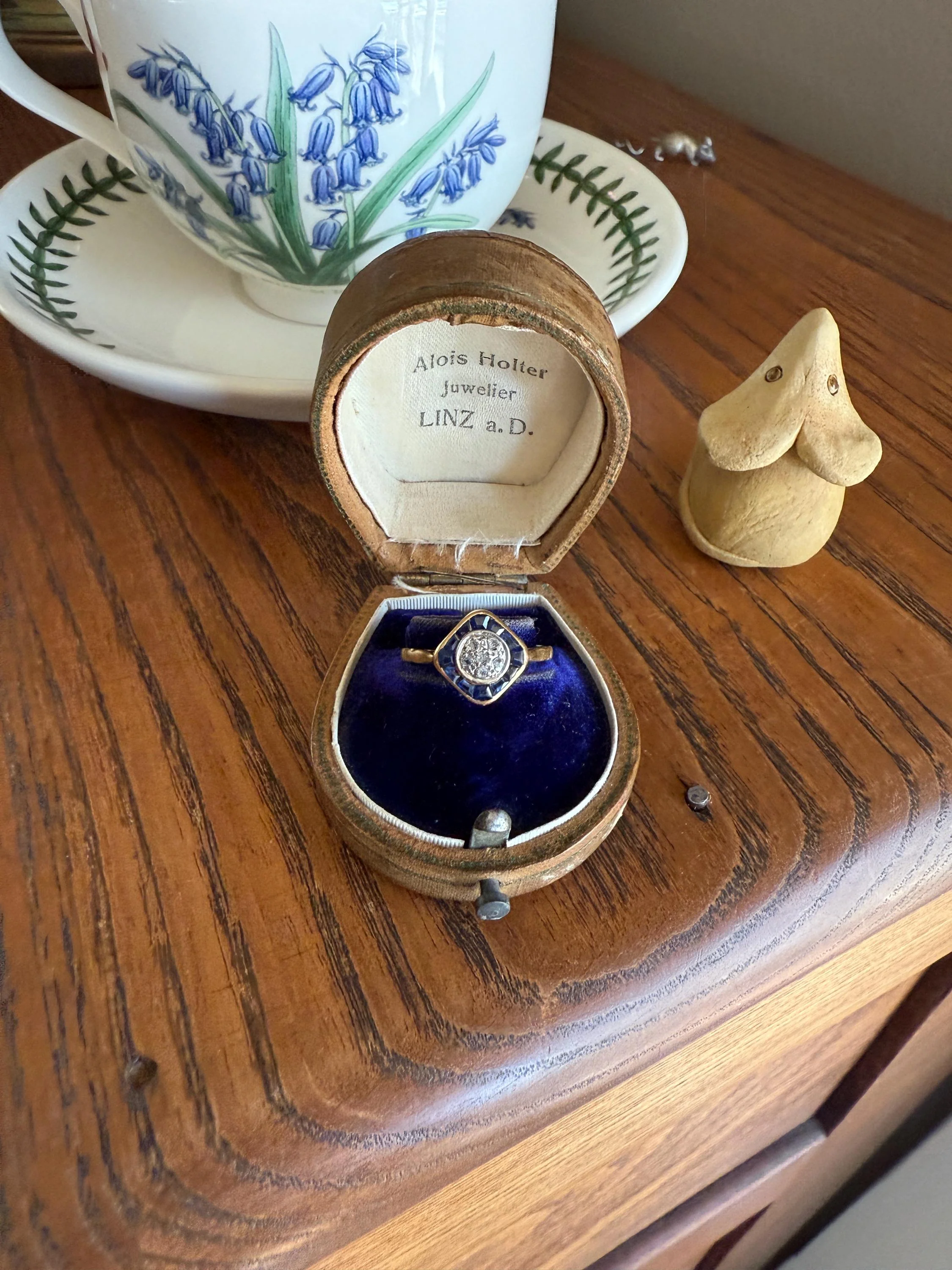 Antique Rose Cut Diamond Trapezoid Sapphire HALO Ring 18k Gold Blue Target Bullseye Square Geometric Stacker - Image 11