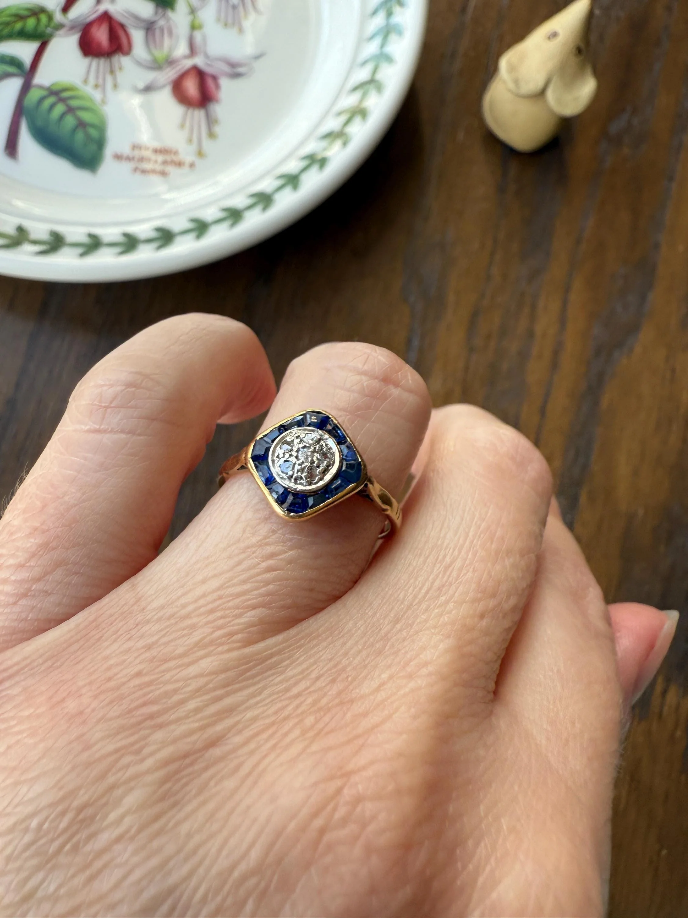 Antique Rose Cut Diamond Trapezoid Sapphire HALO Ring 18k Gold Blue Target Bullseye Square Geometric Stacker - Image 12