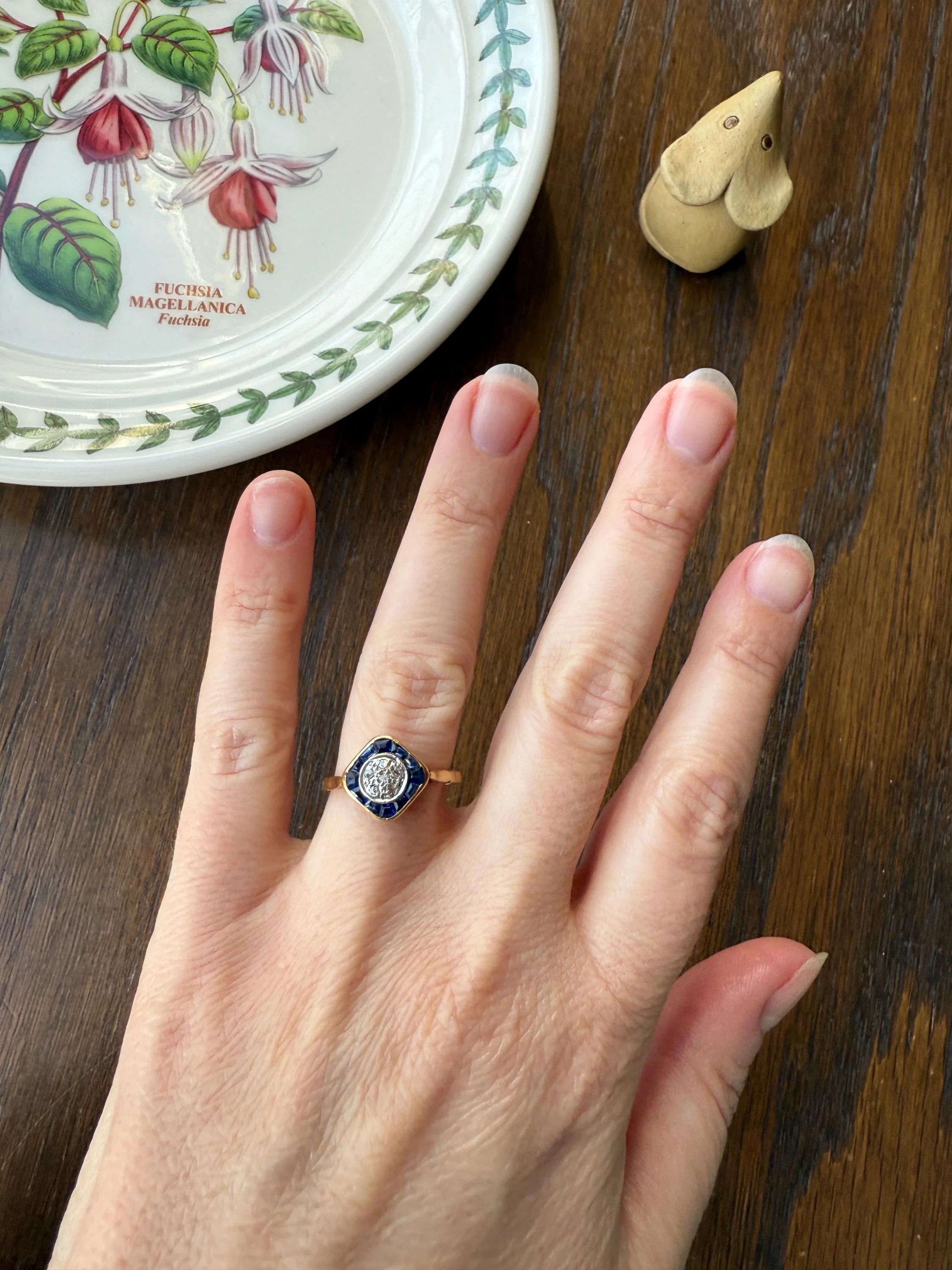 Antique Rose Cut Diamond Trapezoid Sapphire HALO Ring 18k Gold Blue Target Bullseye Square Geometric Stacker - Image 13