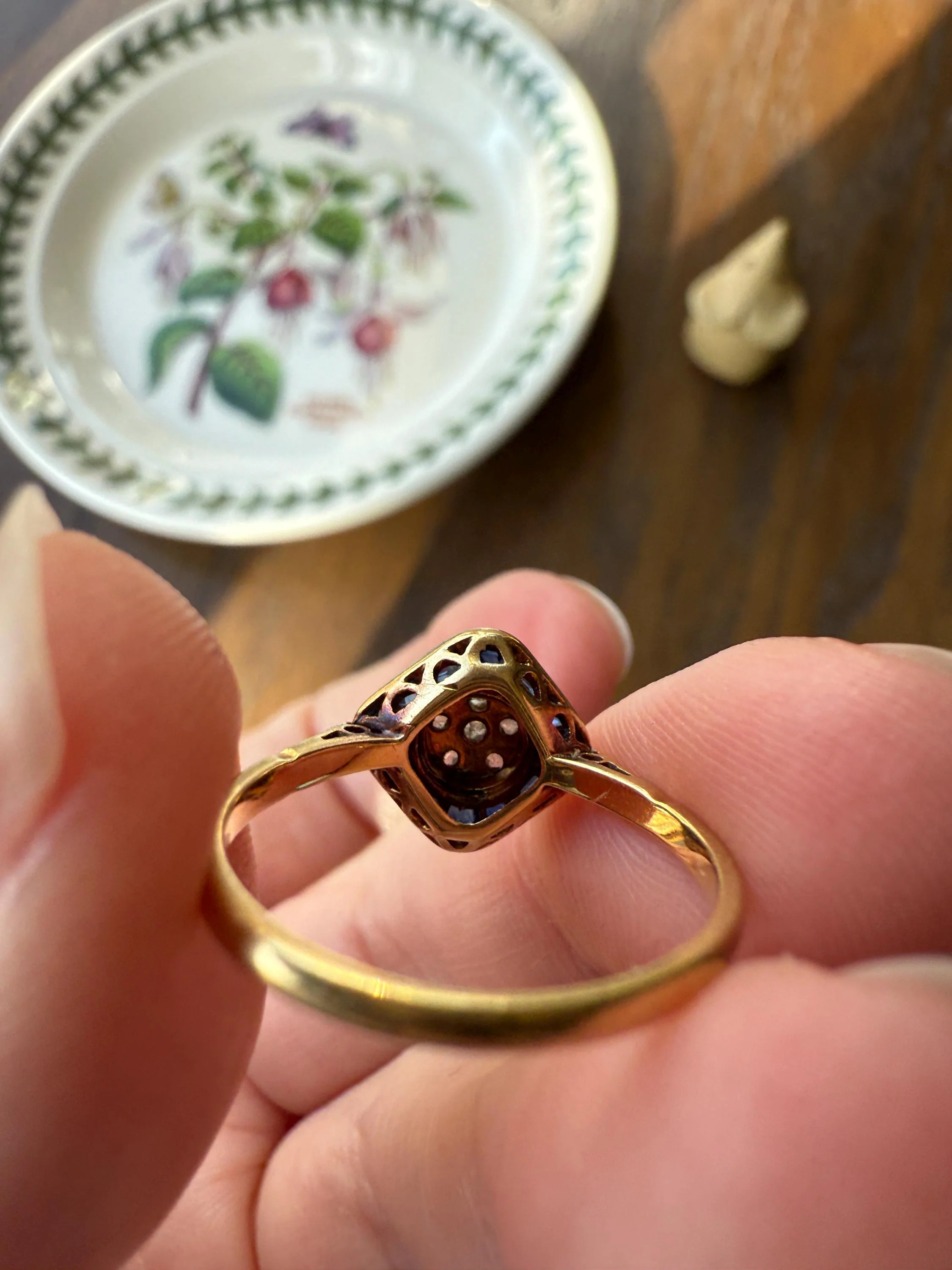 Antique Rose Cut Diamond Trapezoid Sapphire HALO Ring 18k Gold Blue Target Bullseye Square Geometric Stacker - Image 14