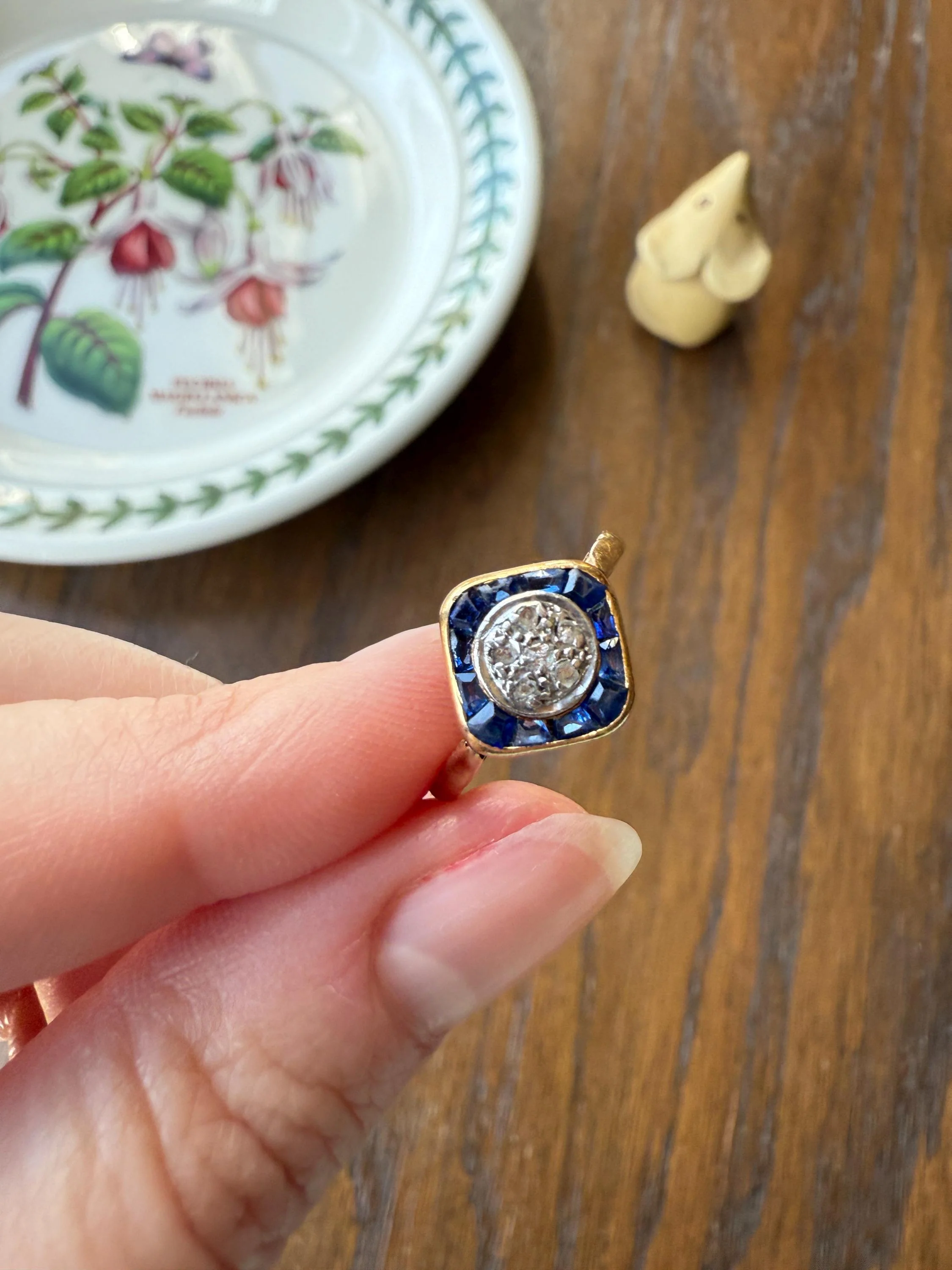 Antique Rose Cut Diamond Trapezoid Sapphire HALO Ring 18k Gold Blue Target Bullseye Square Geometric Stacker - Image 2
