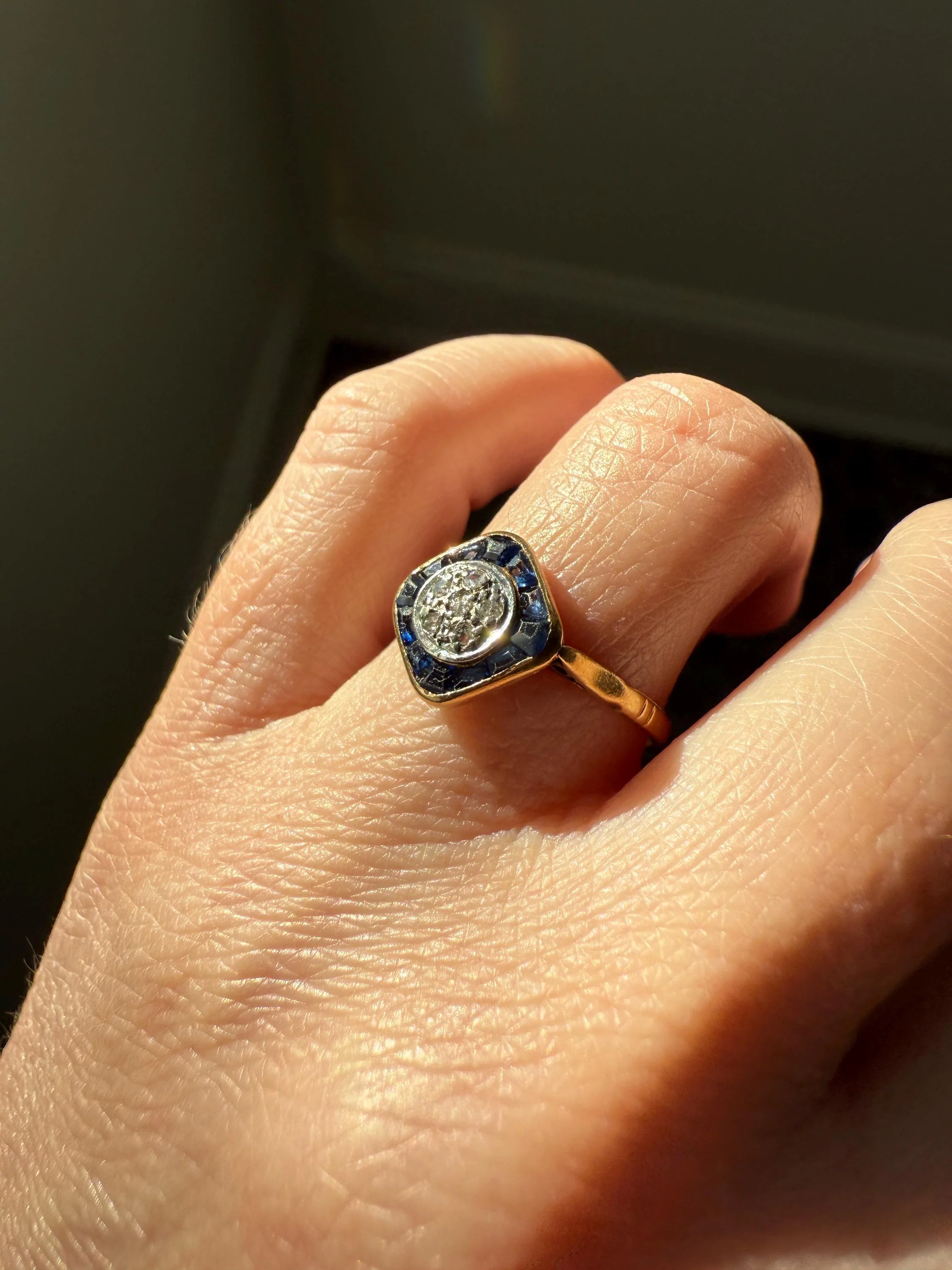 Antique Rose Cut Diamond Trapezoid Sapphire HALO Ring 18k Gold Blue Target Bullseye Square Geometric Stacker - Image 3