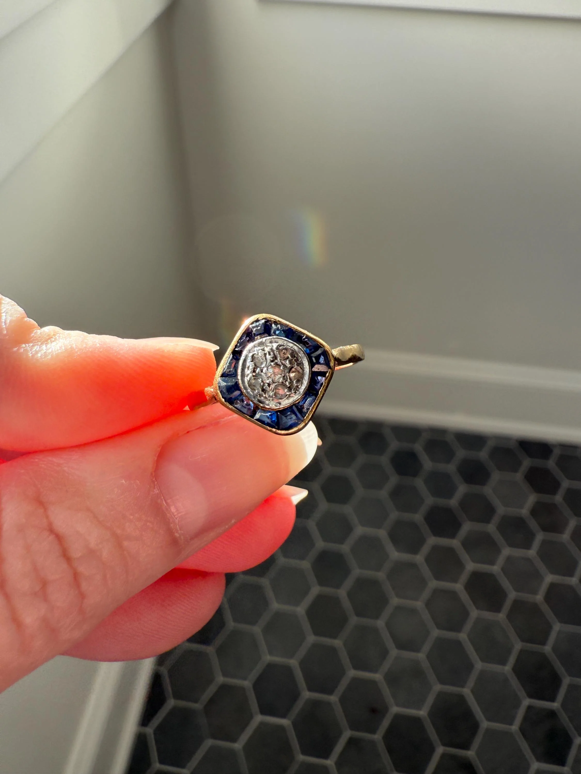 Antique Rose Cut Diamond Trapezoid Sapphire HALO Ring 18k Gold Blue Target Bullseye Square Geometric Stacker - Image 5