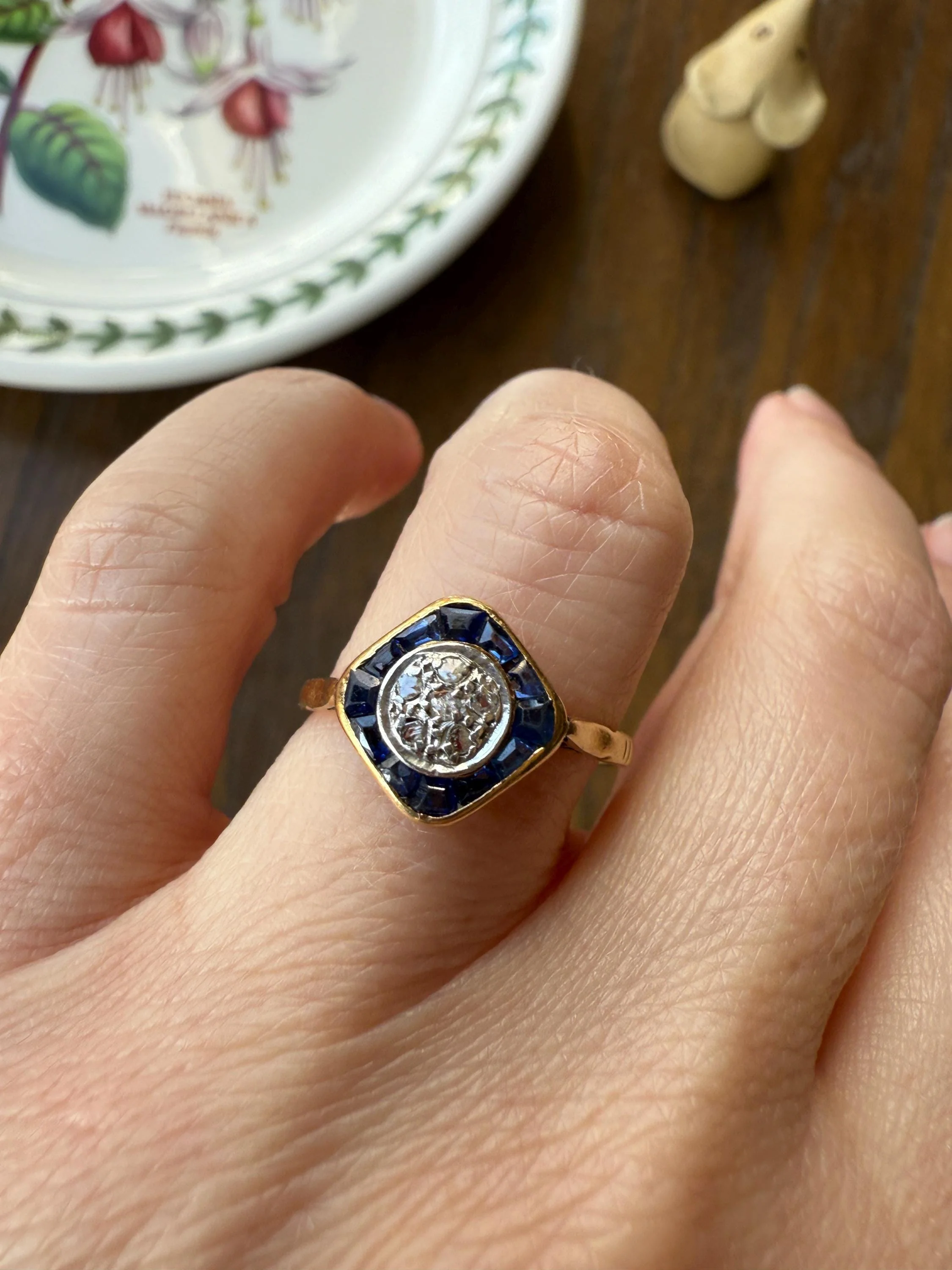 Antique Rose Cut Diamond Trapezoid Sapphire HALO Ring 18k Gold Blue Target Bullseye Square Geometric Stacker - Image 7