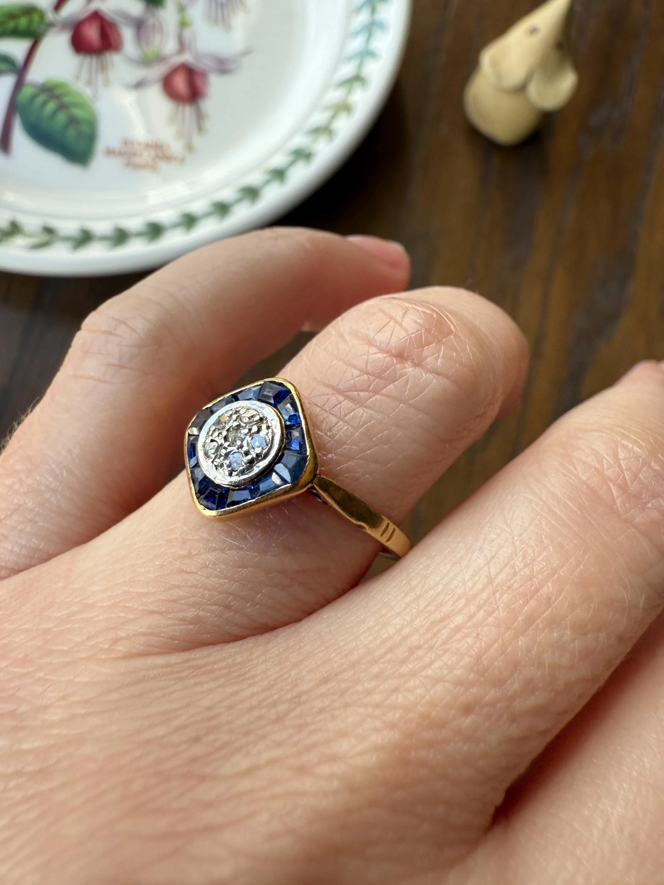 Antique Rose Cut Diamond Trapezoid Sapphire HALO Ring 18k Gold Blue Target Bullseye Square Geometric Stacker - Image 8