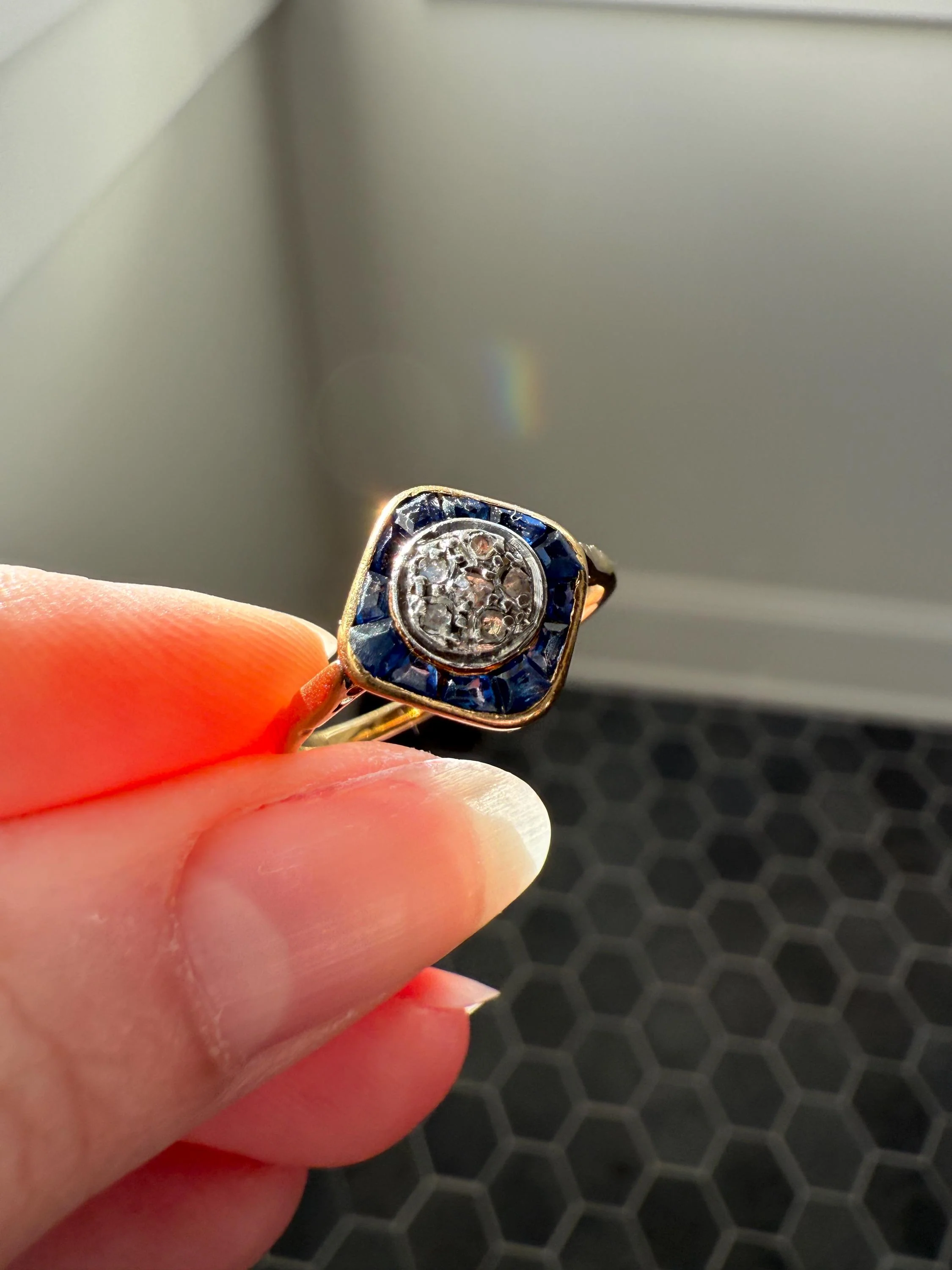 Antique Rose Cut Diamond Trapezoid Sapphire HALO Ring 18k Gold Blue Target Bullseye Square Geometric Stacker - Image 9