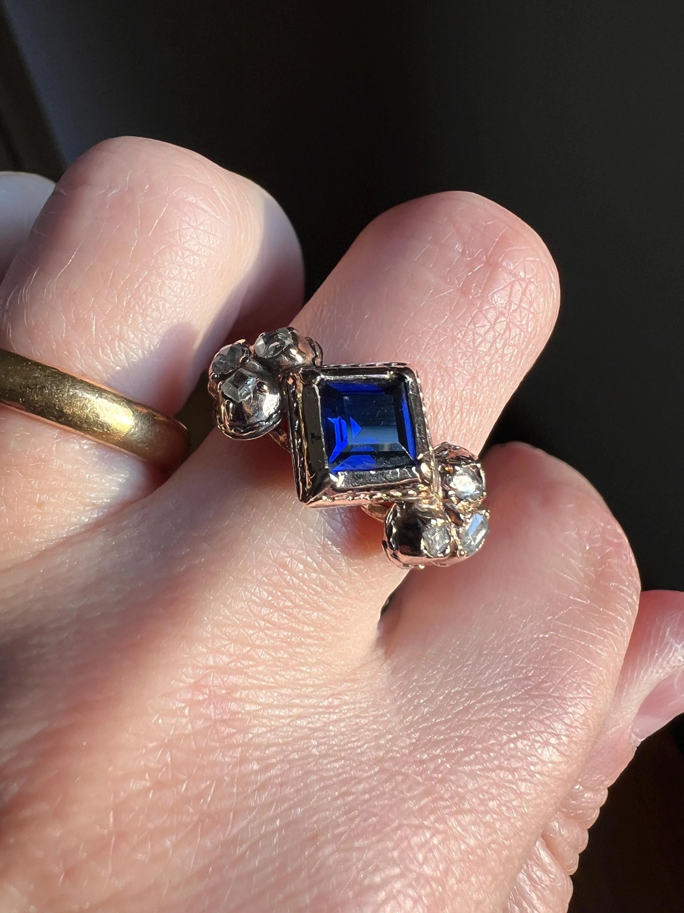 Antique Rose Table Cut DIAMOND Square Blue SAPPHIRE Seven Stone Ring Pie Crust Bezel Georgian Revival Victorian - Image 2