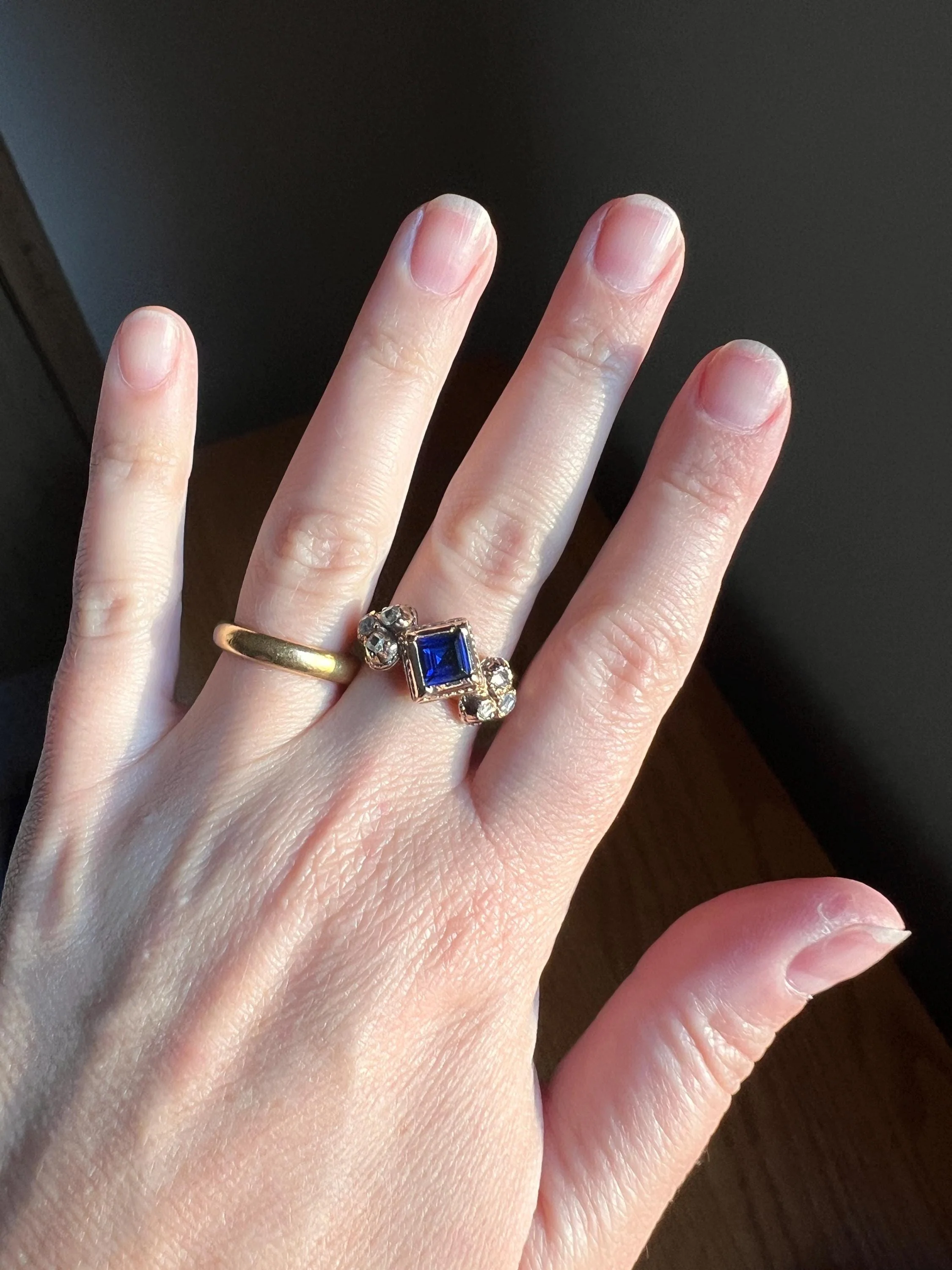 Antique Rose Table Cut DIAMOND Square Blue SAPPHIRE Seven Stone Ring Pie Crust Bezel Georgian Revival Victorian - Image 3
