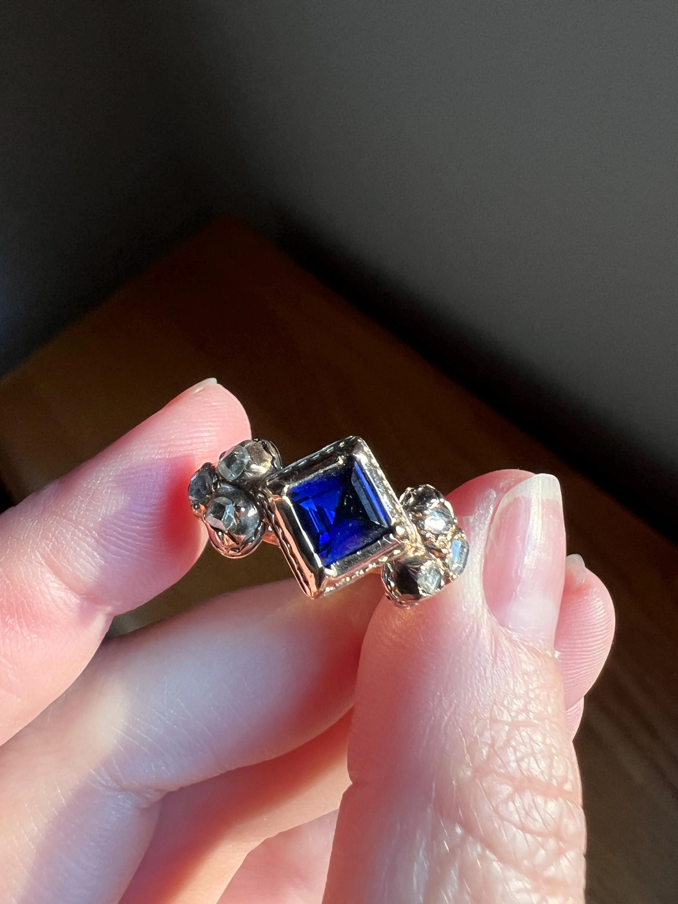 Antique Rose Table Cut DIAMOND Square Blue SAPPHIRE Seven Stone Ring Pie Crust Bezel Georgian Revival Victorian - Image 4