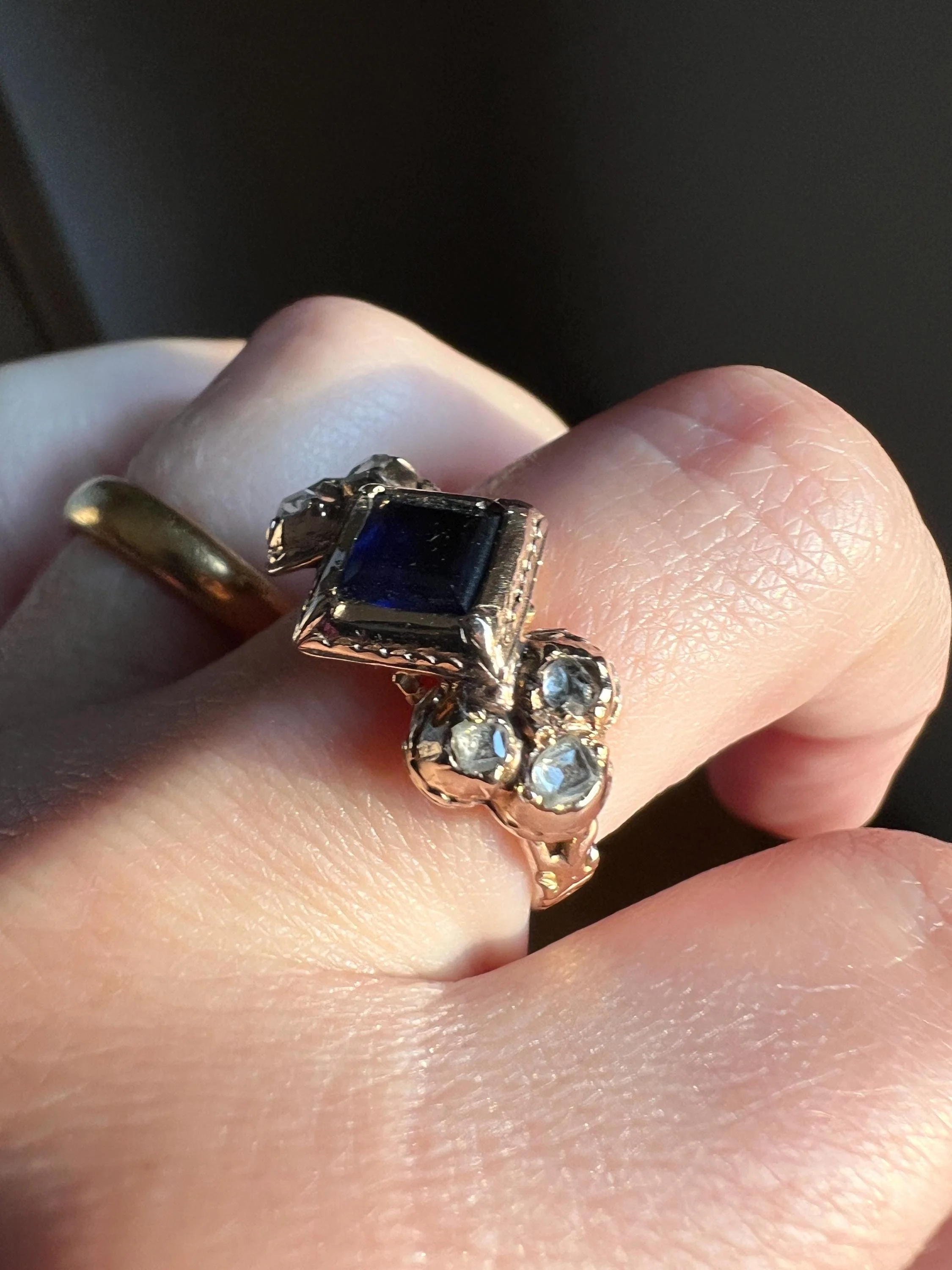 Antique Rose Table Cut DIAMOND Square Blue SAPPHIRE Seven Stone Ring Pie Crust Bezel Georgian Revival Victorian - Image 6