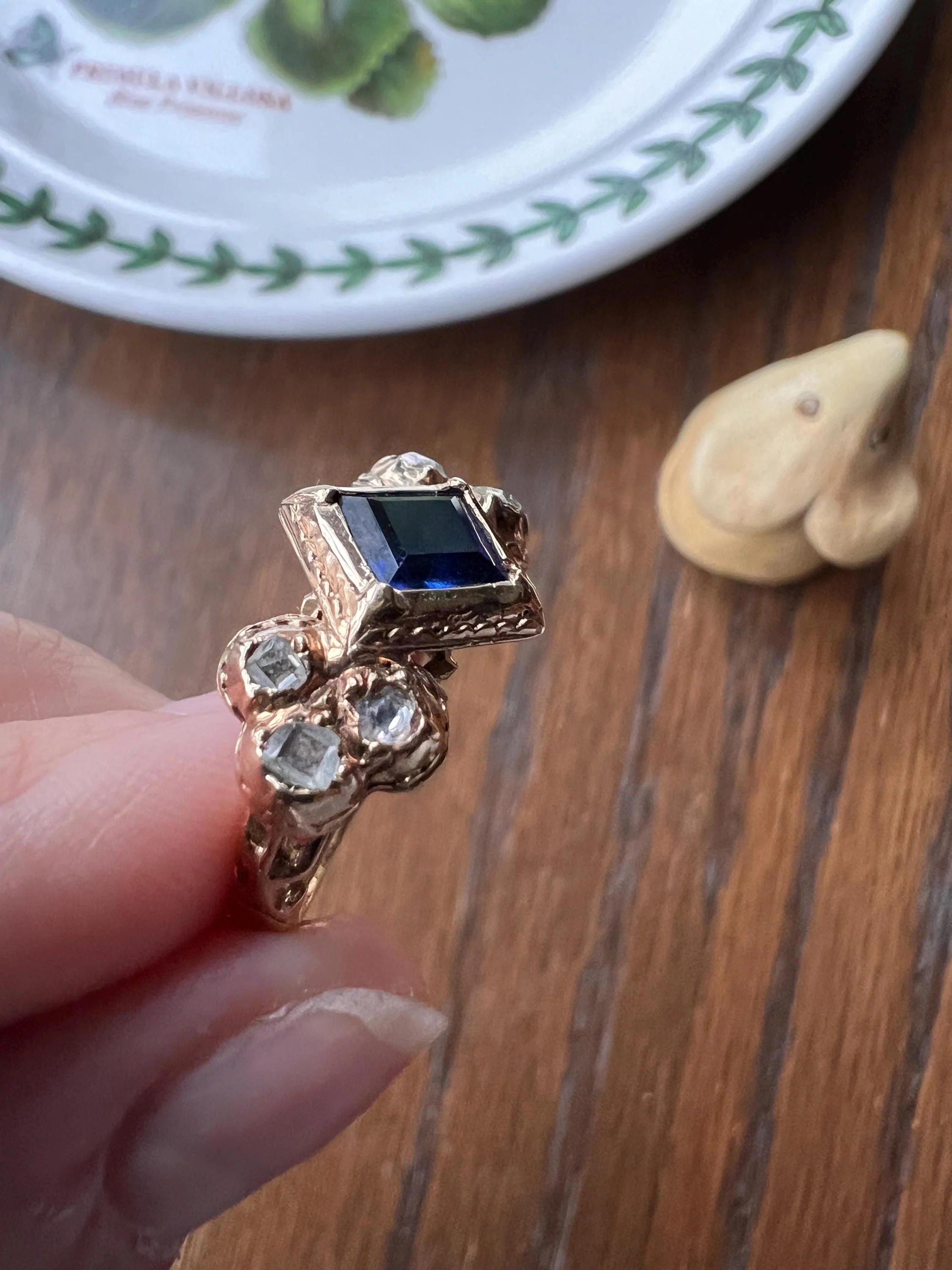 Antique Rose Table Cut DIAMOND Square Blue SAPPHIRE Seven Stone Ring Pie Crust Bezel Georgian Revival Victorian - Image 7
