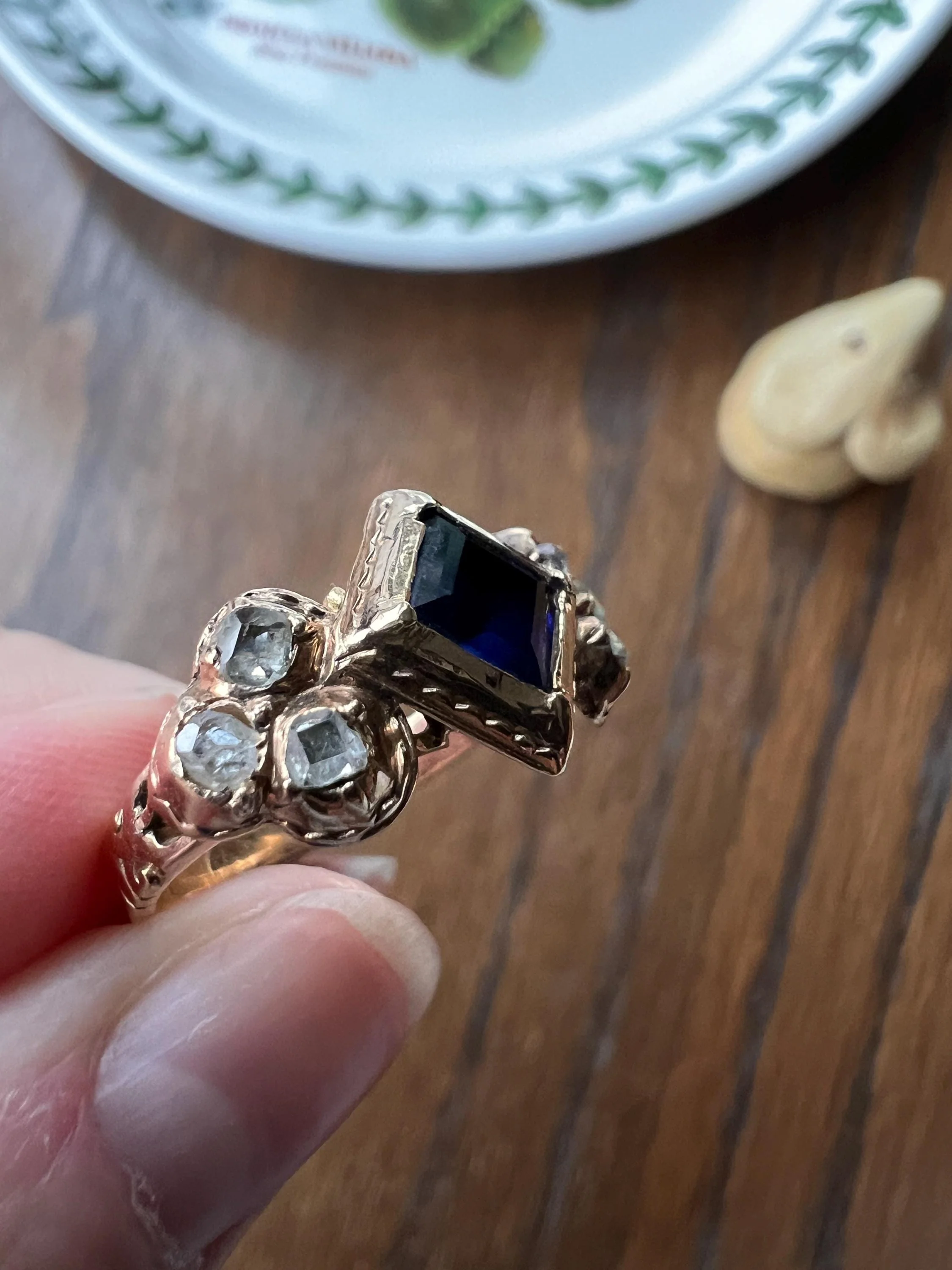 Antique Rose Table Cut DIAMOND Square Blue SAPPHIRE Seven Stone Ring Pie Crust Bezel Georgian Revival Victorian - Image 8