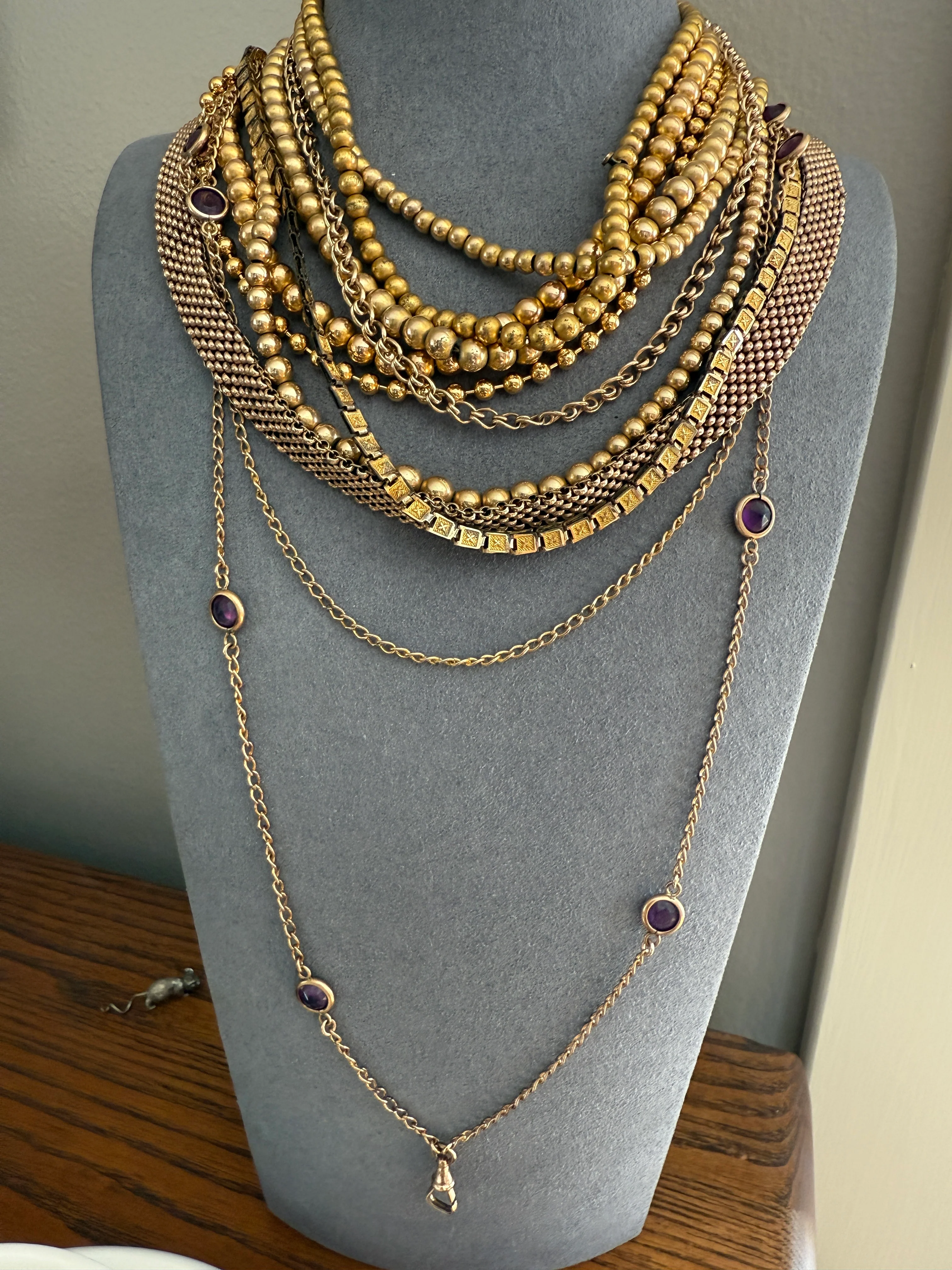 Antique Rosy Gold Filled Long Guard Muff Pocket Watch Station Body Chain Faux Amethyst Purple Paste X-Long Dog Clip 17.8g 46" Linear Length - Image 12