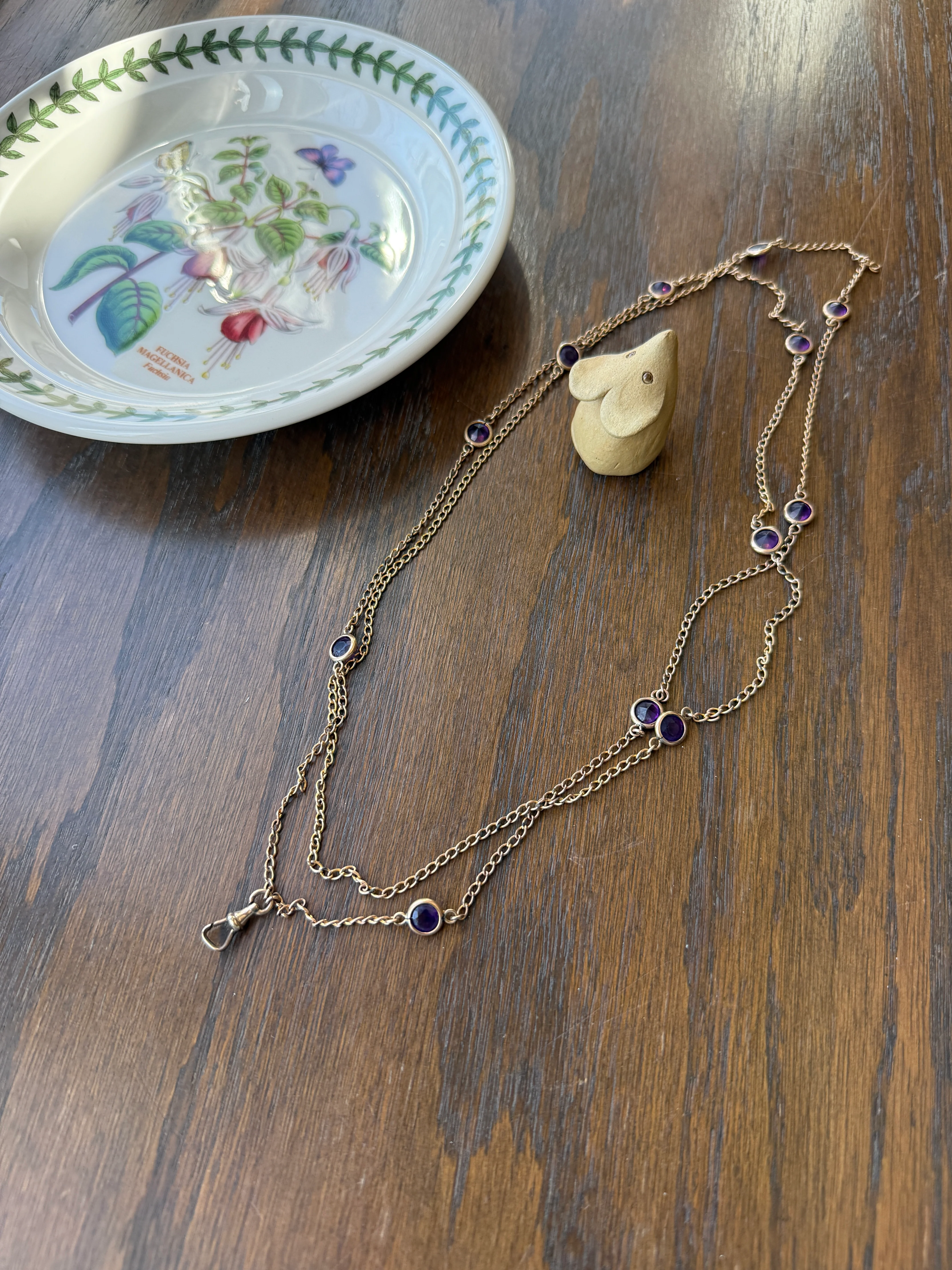 Antique Rosy Gold Filled Long Guard Muff Pocket Watch Station Body Chain Faux Amethyst Purple Paste X-Long Dog Clip 17.8g 46" Linear Length - Image 4