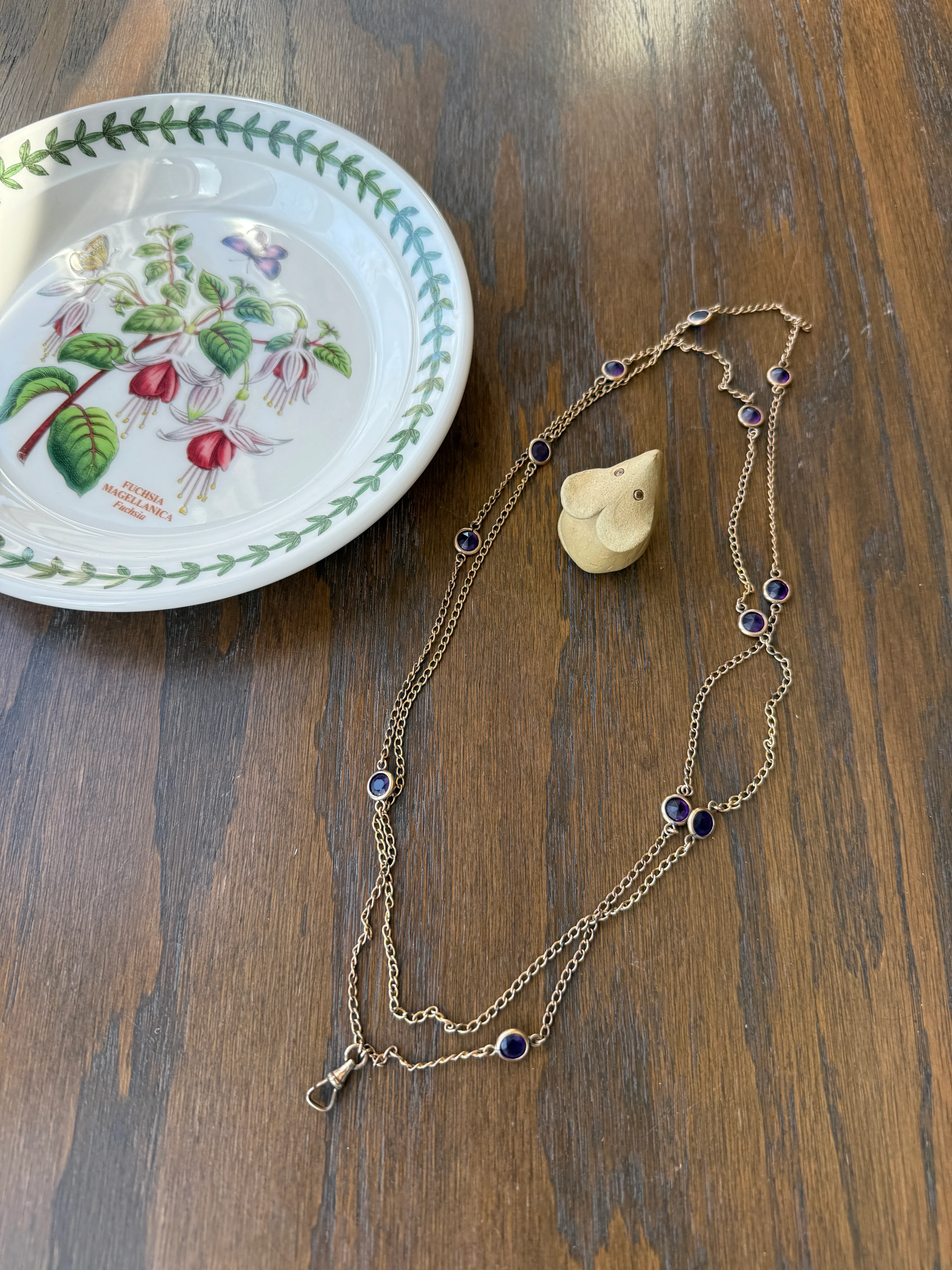 Antique Rosy Gold Filled Long Guard Muff Pocket Watch Station Body Chain Faux Amethyst Purple Paste X-Long Dog Clip 17.8g 46" Linear Length - Image 5
