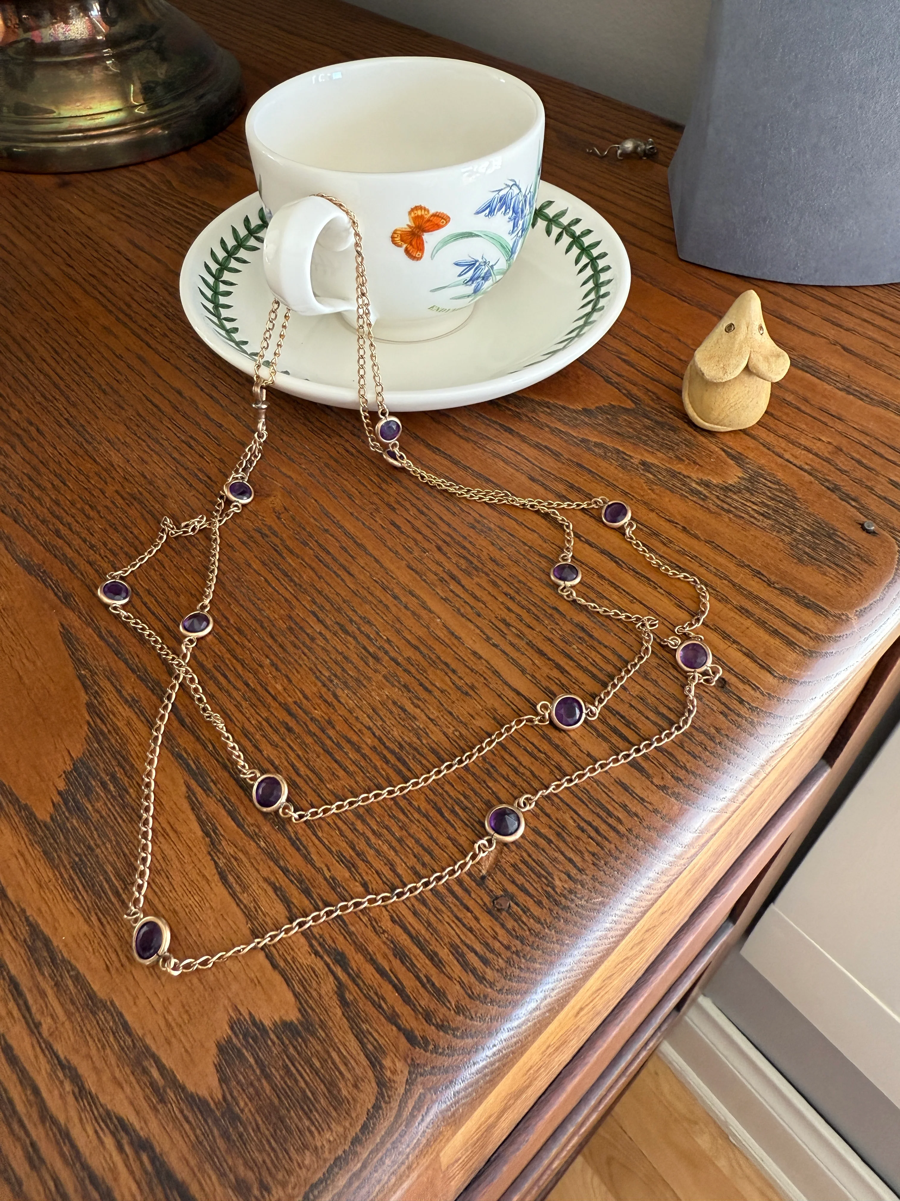 Antique Rosy Gold Filled Long Guard Muff Pocket Watch Station Body Chain Faux Amethyst Purple Paste X-Long Dog Clip 17.8g 46" Linear Length - Image 6