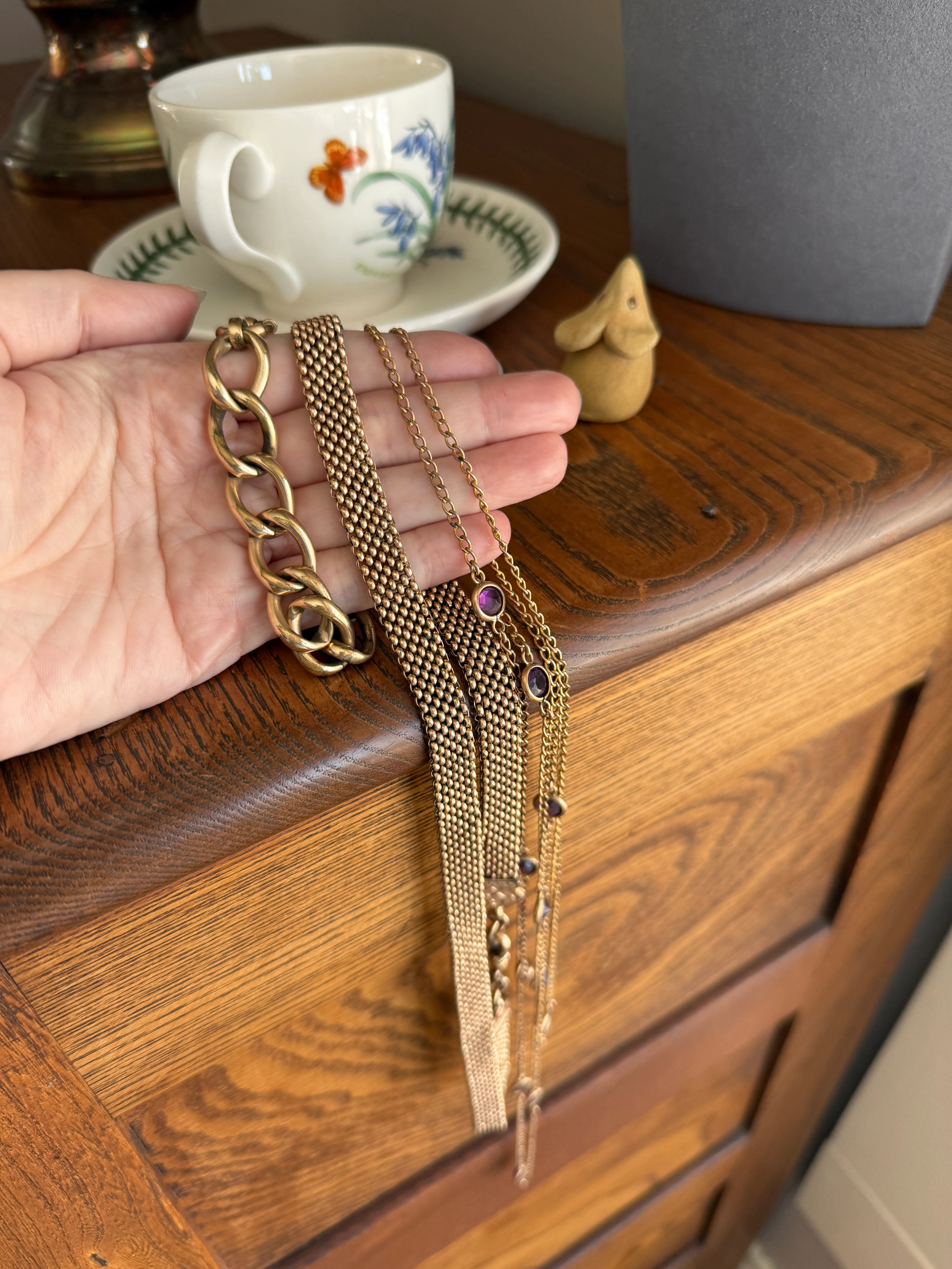 Antique Rosy Gold Filled Long Guard Muff Pocket Watch Station Body Chain Faux Amethyst Purple Paste X-Long Dog Clip 17.8g 46" Linear Length - Image 7