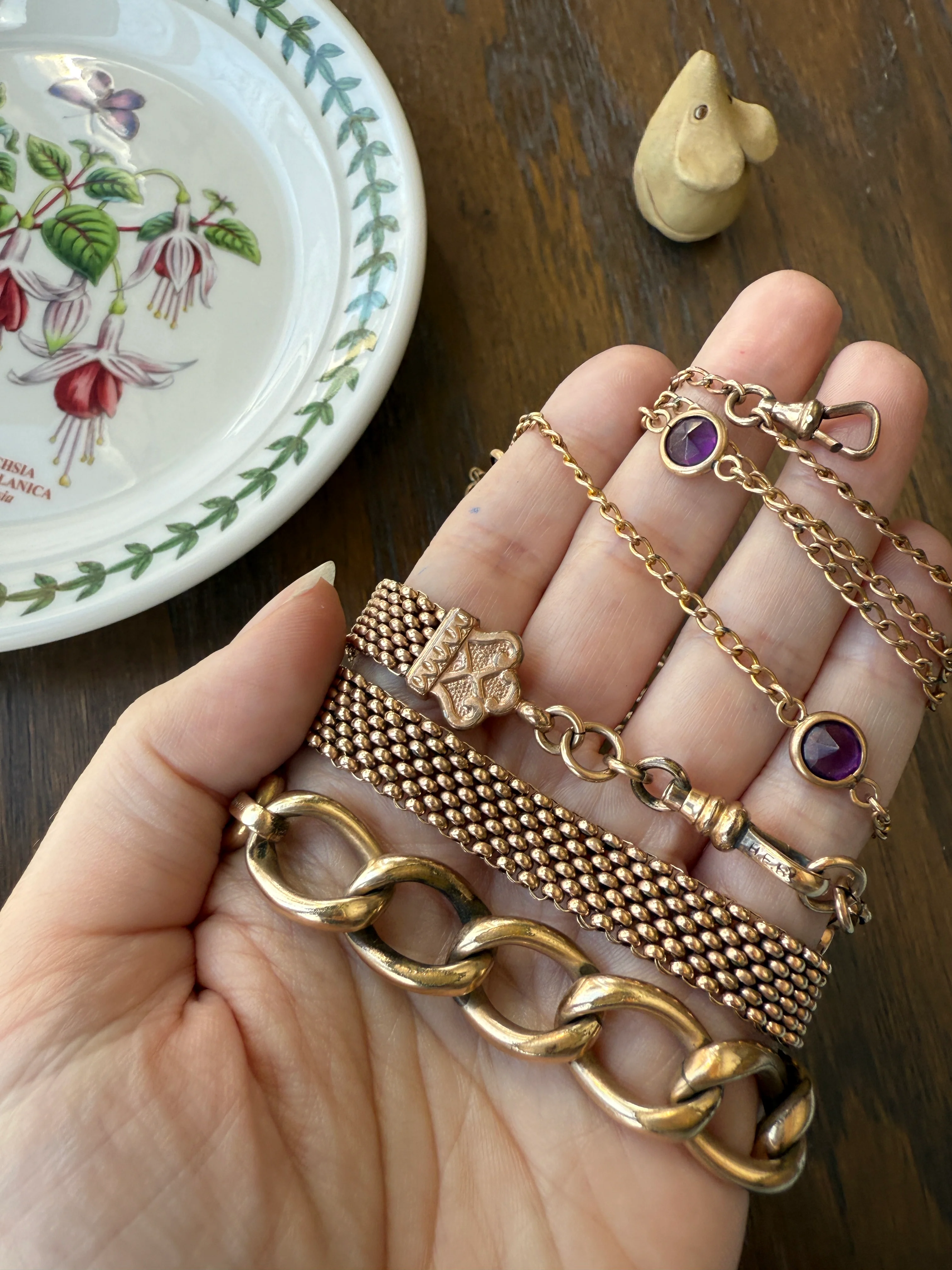 Antique Rosy Gold Filled Long Guard Muff Pocket Watch Station Body Chain Faux Amethyst Purple Paste X-Long Dog Clip 17.8g 46" Linear Length - Image 8