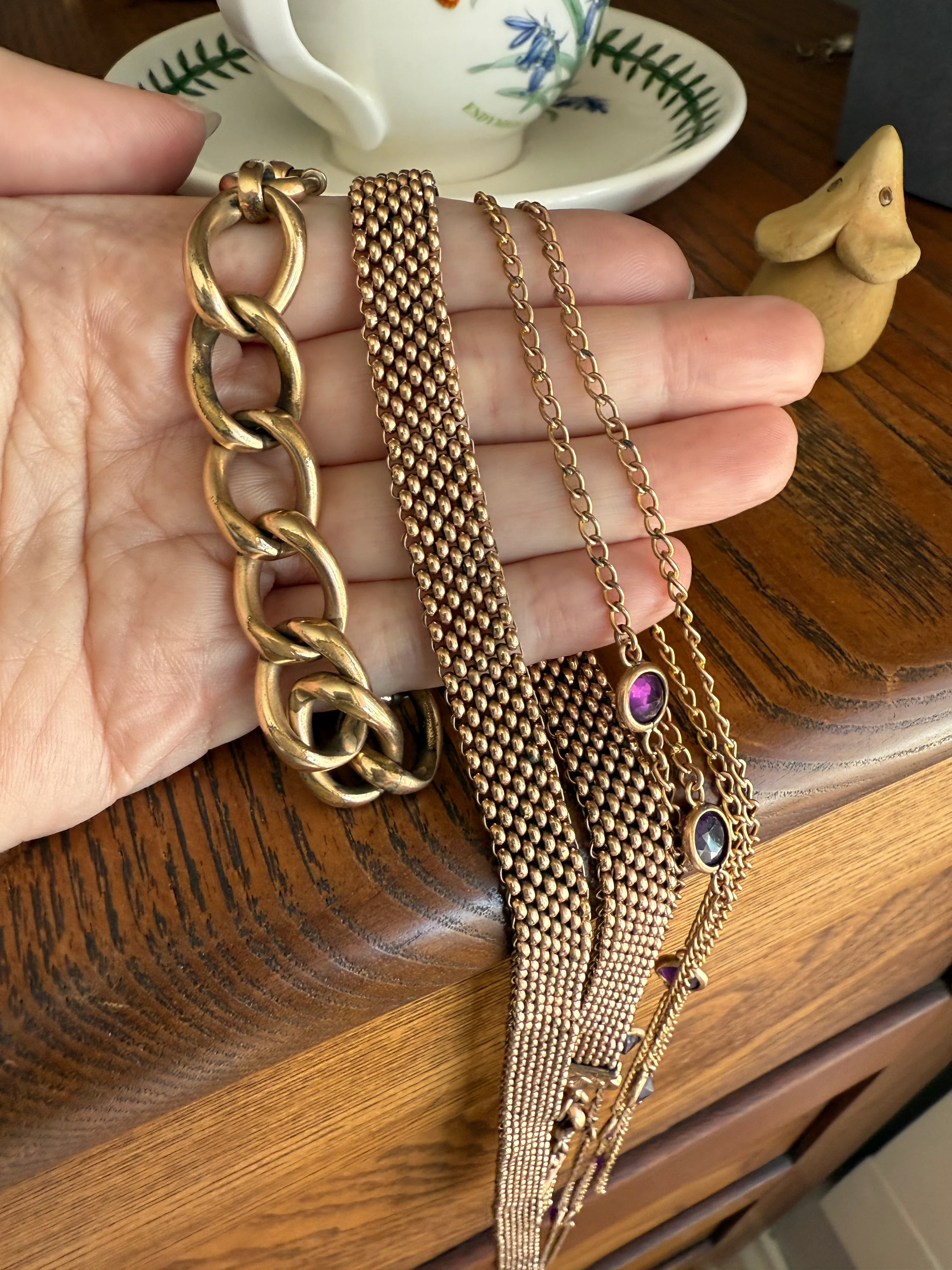 Antique Rosy Gold Filled Long Guard Muff Pocket Watch Station Body Chain Faux Amethyst Purple Paste X-Long Dog Clip 17.8g 46" Linear Length - Image 9
