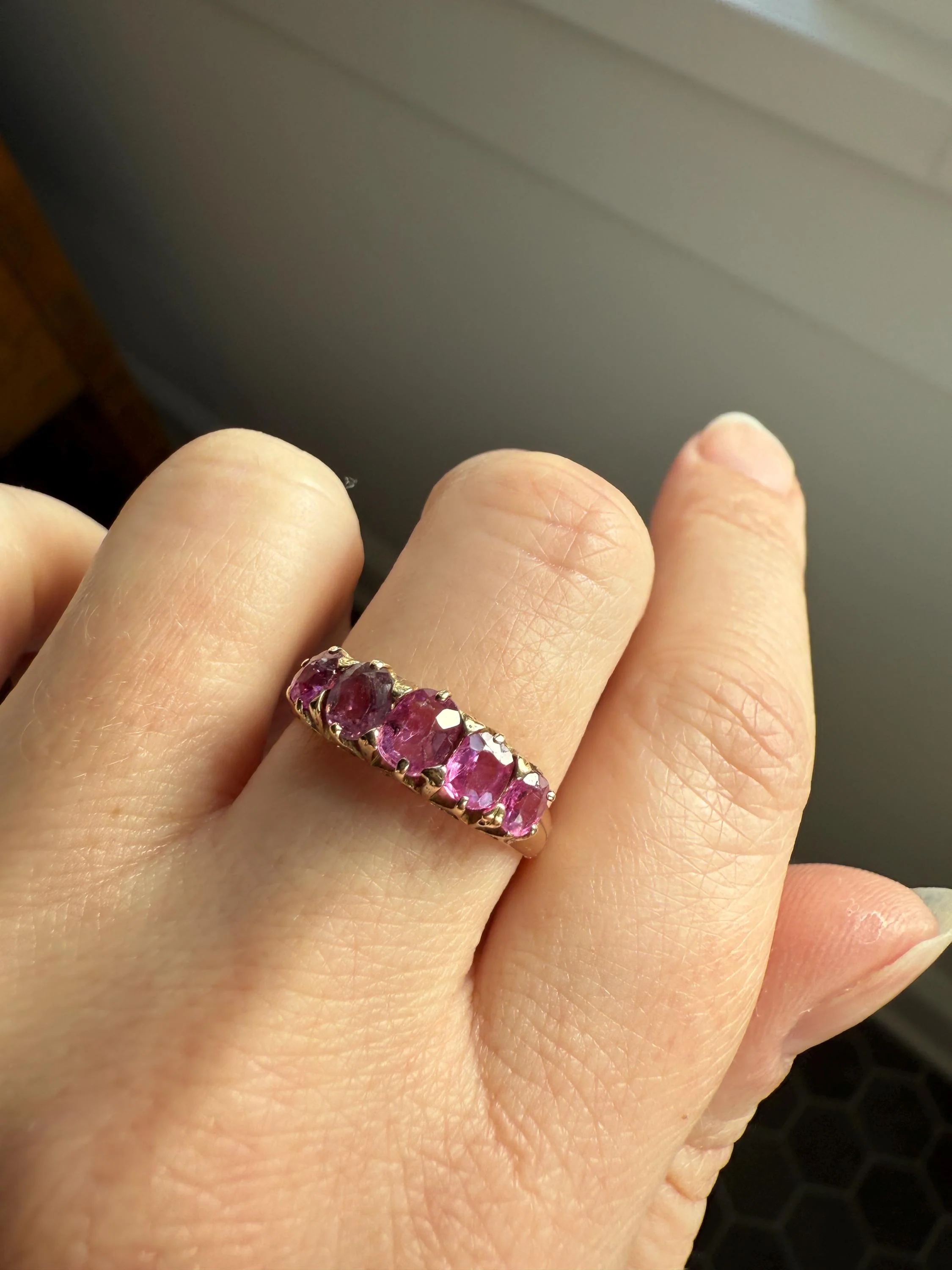 Antique Ruby Pink Sapphire Victorian Antique Five Stone Stacker Band 10k Gold Ring - Image 9