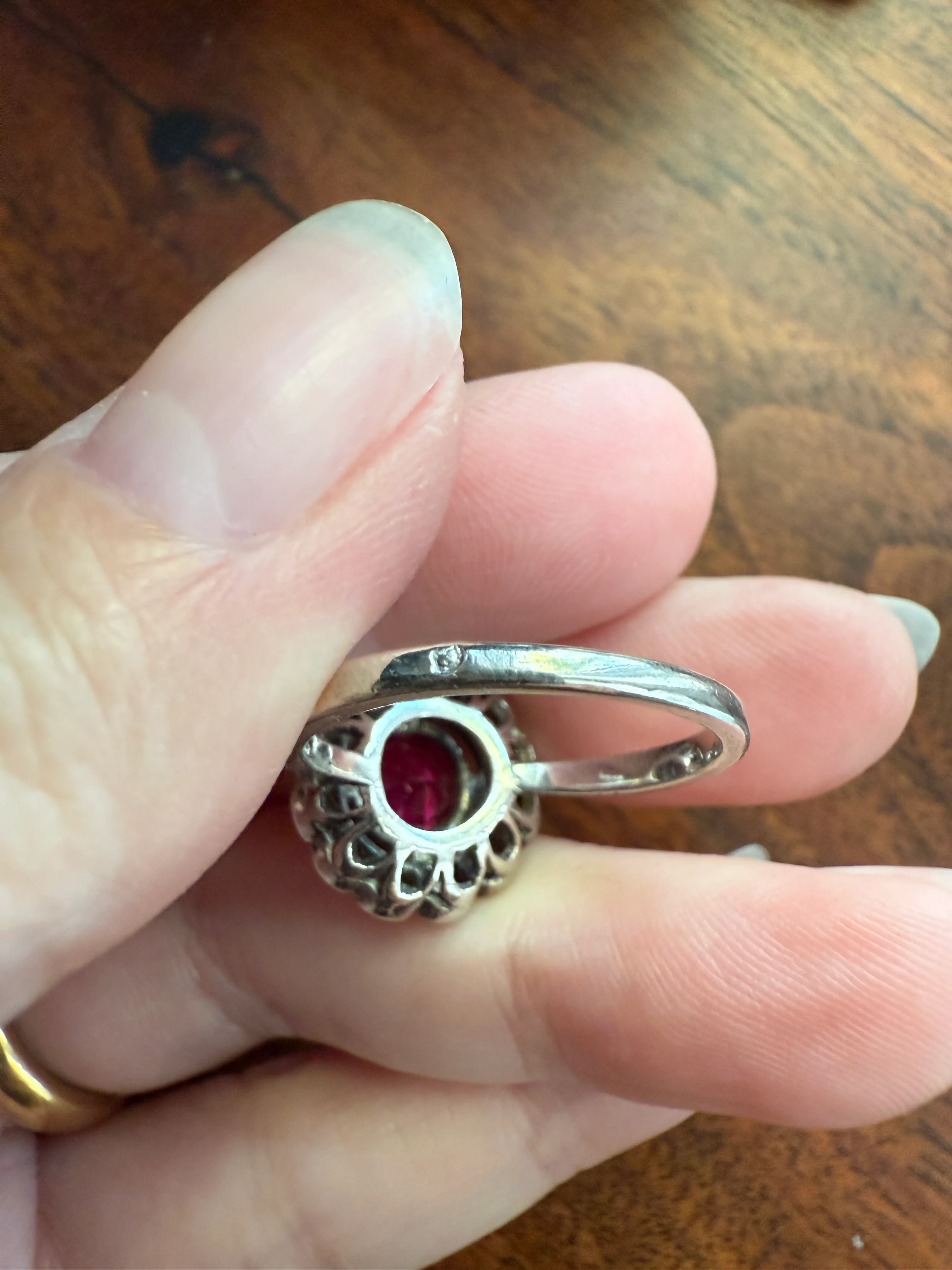 Antique Ruby & Rose Cut Diamond Halo Cluster Ring Pink Red Solid Silver French Edwardian Stacker - Image 11