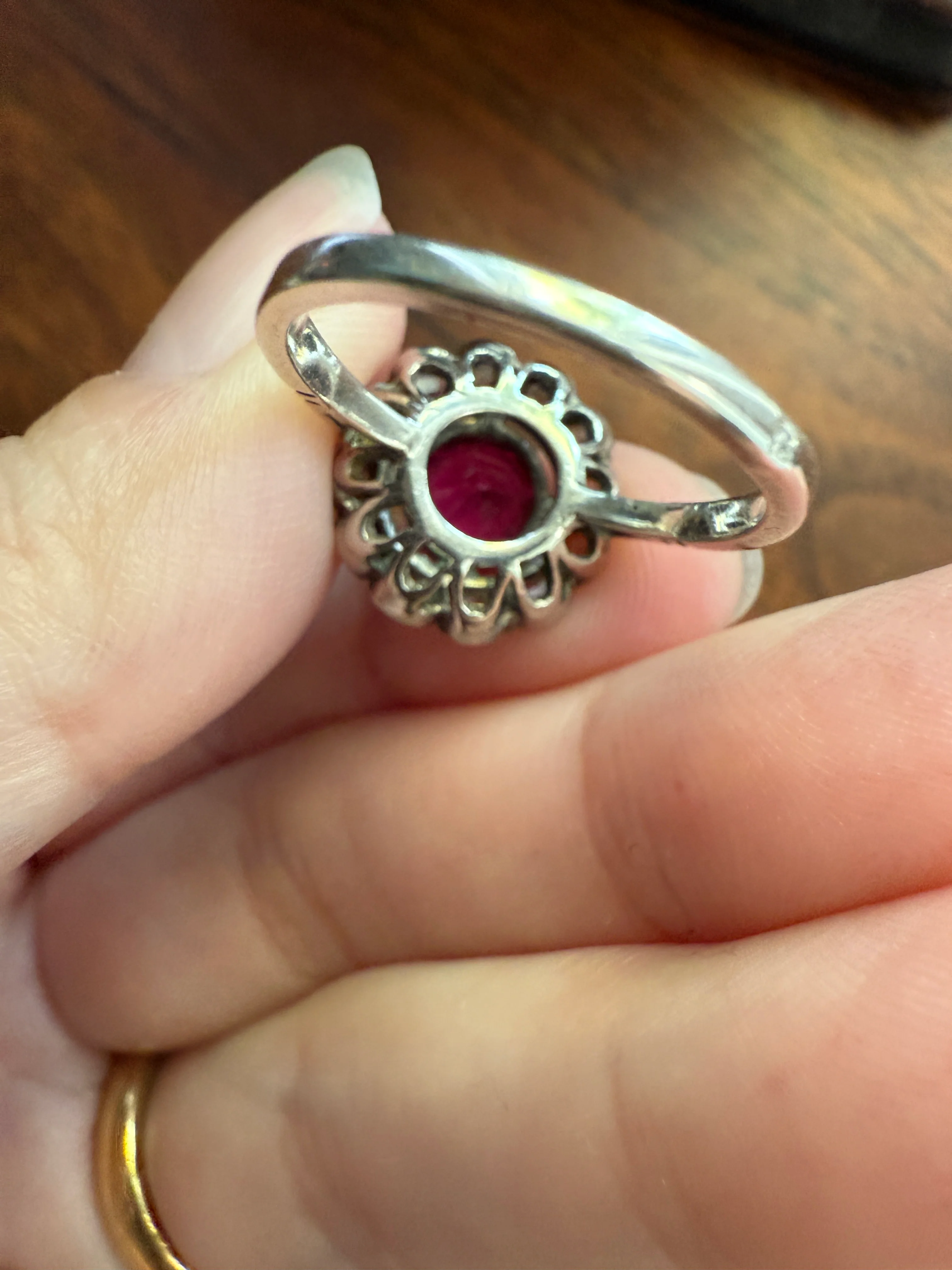 Antique Ruby & Rose Cut Diamond Halo Cluster Ring Pink Red Solid Silver French Edwardian Stacker - Image 12