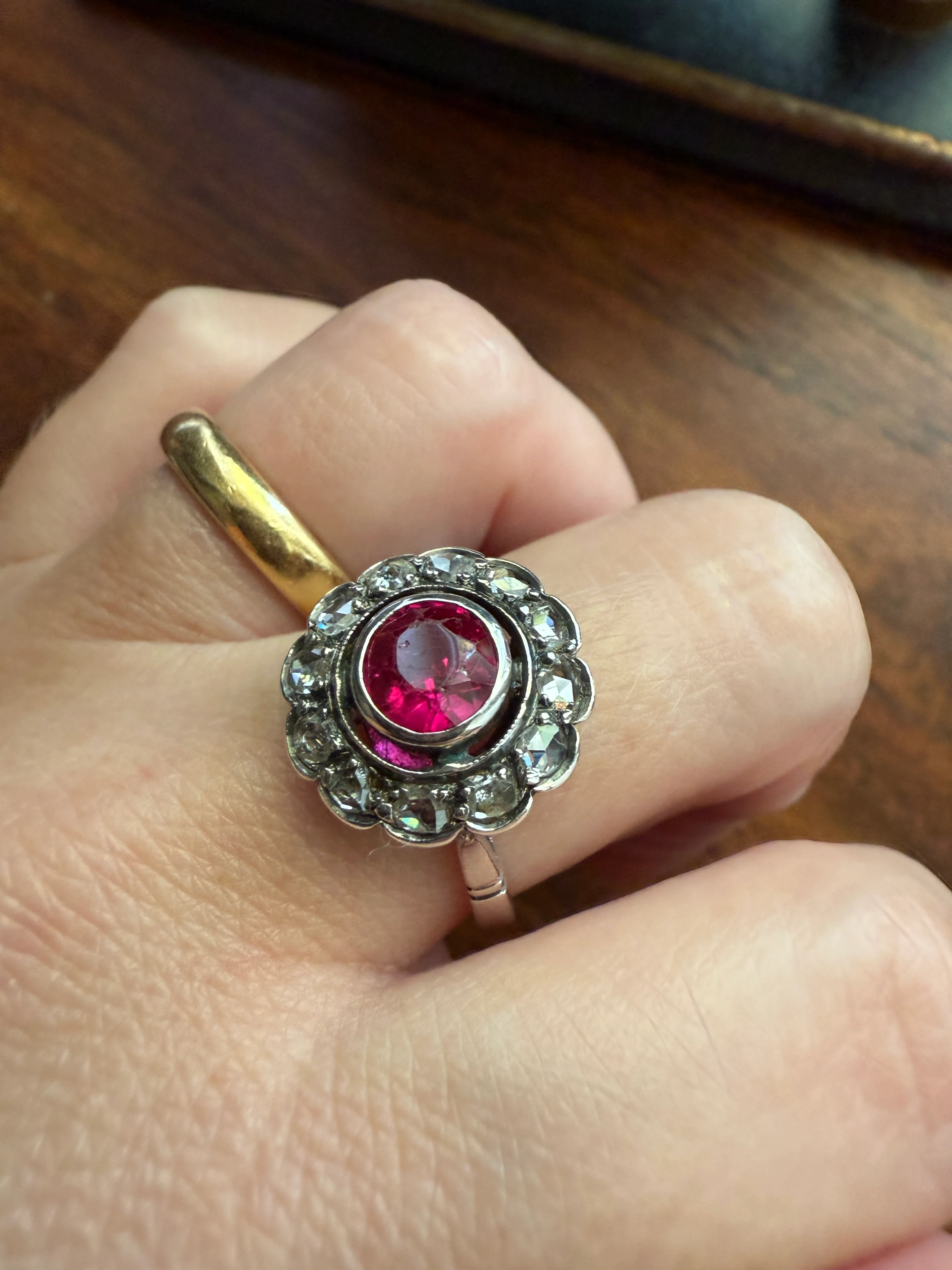 Antique Ruby & Rose Cut Diamond Halo Cluster Ring Pink Red Solid Silver French Edwardian Stacker - Image 14