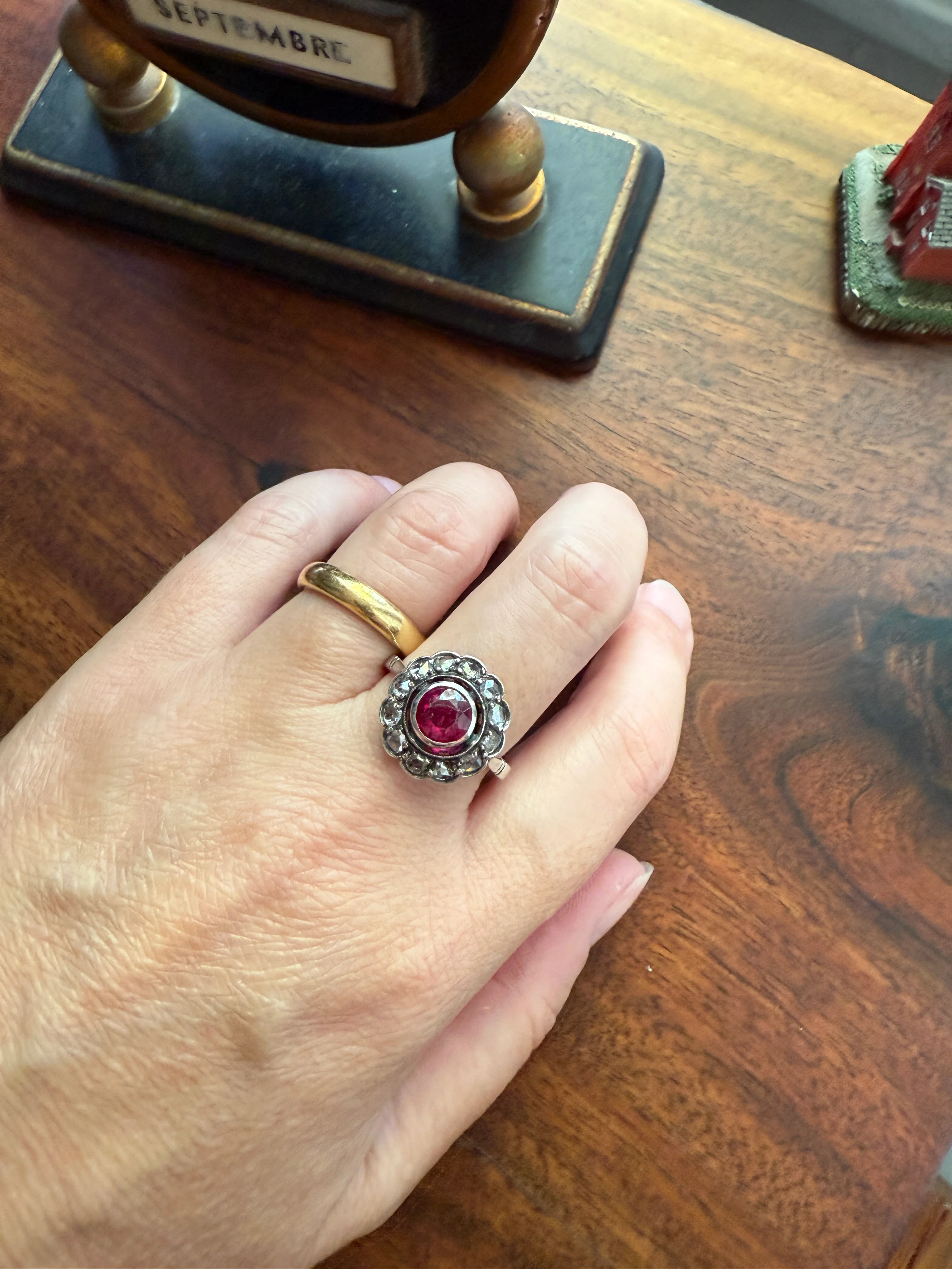 Antique Ruby & Rose Cut Diamond Halo Cluster Ring Pink Red Solid Silver French Edwardian Stacker - Image 15