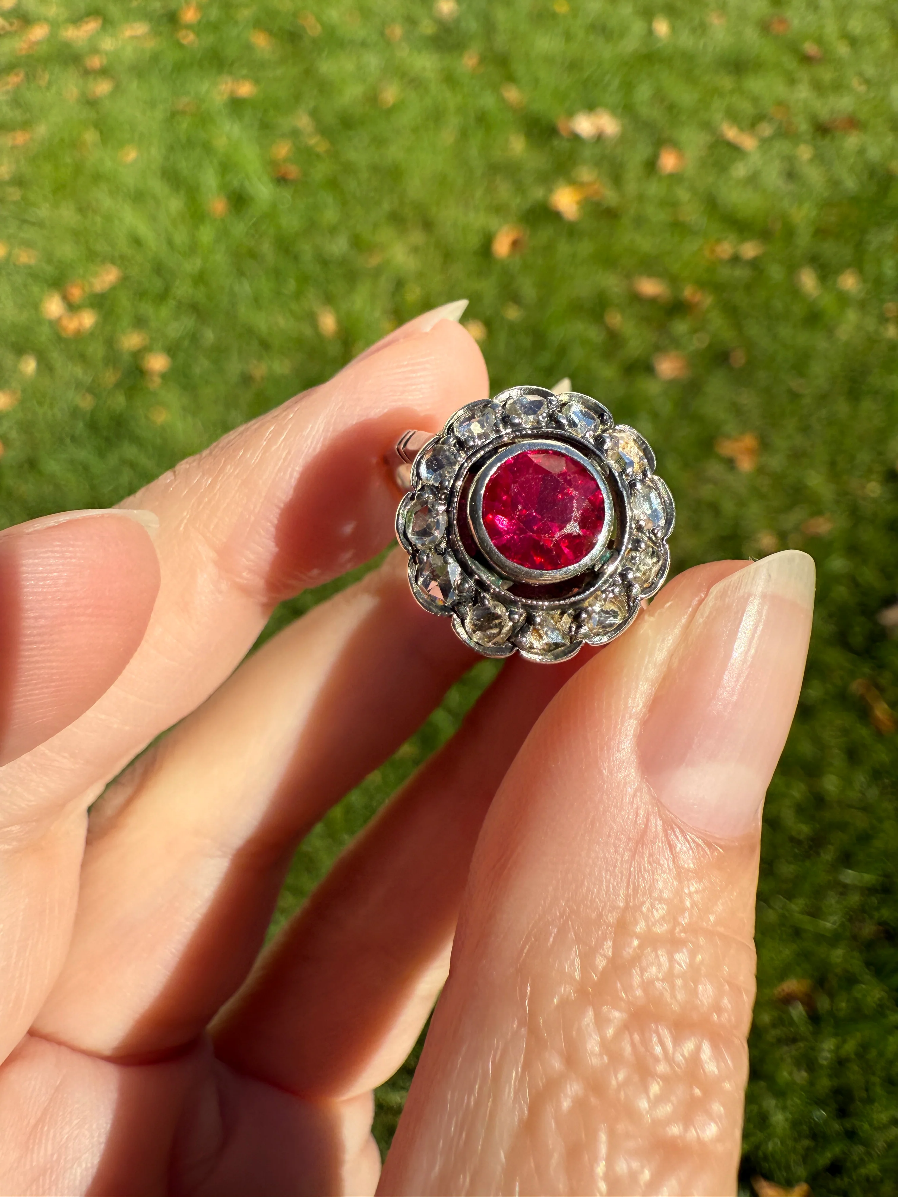 Antique Ruby & Rose Cut Diamond Halo Cluster Ring Pink Red Solid Silver French Edwardian Stacker - Image 16