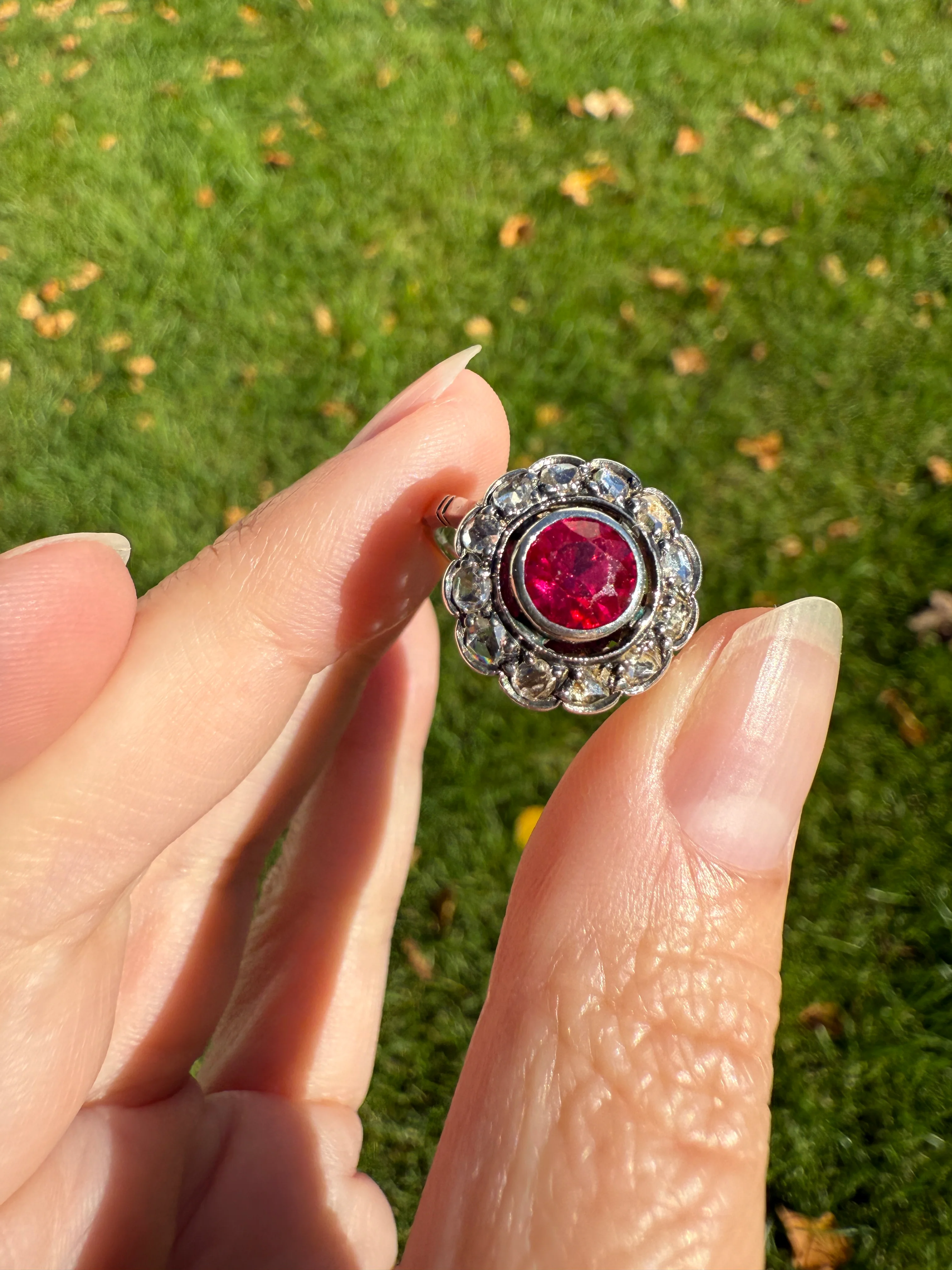Antique Ruby & Rose Cut Diamond Halo Cluster Ring Pink Red Solid Silver French Edwardian Stacker - Image 17
