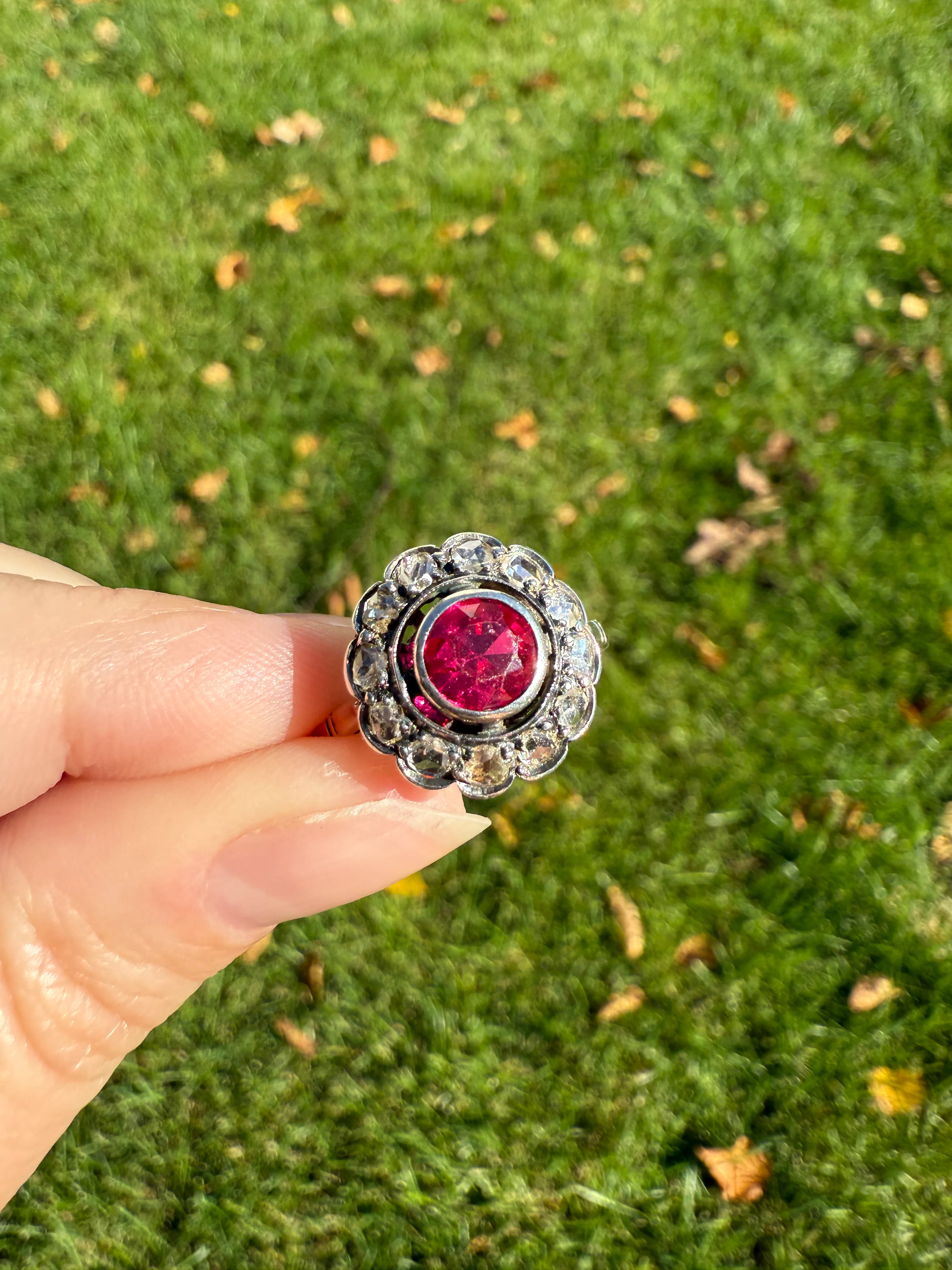 Antique Ruby & Rose Cut Diamond Halo Cluster Ring Pink Red Solid Silver French Edwardian Stacker - Image 18