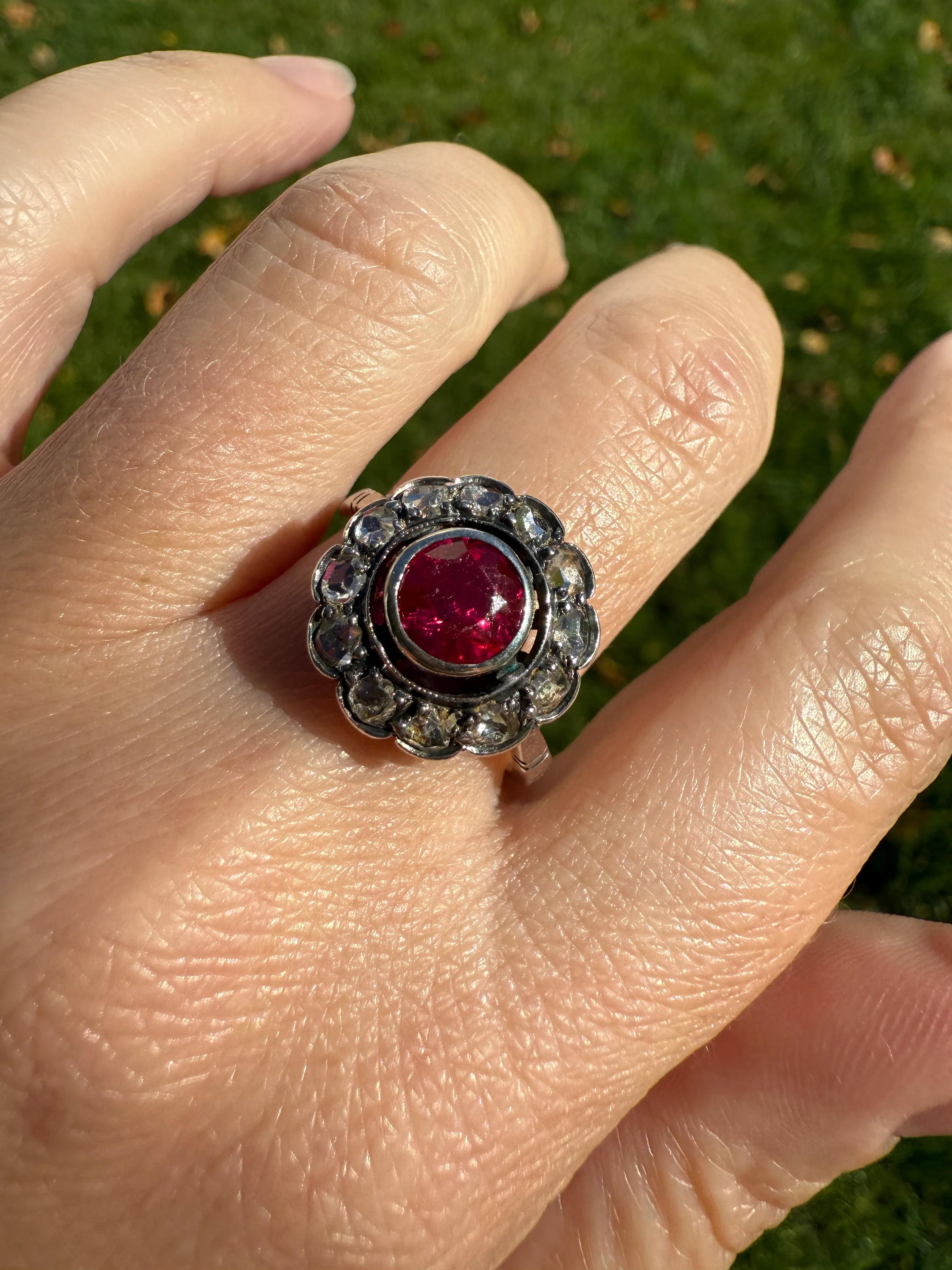 Antique Ruby & Rose Cut Diamond Halo Cluster Ring Pink Red Solid Silver French Edwardian Stacker - Image 19