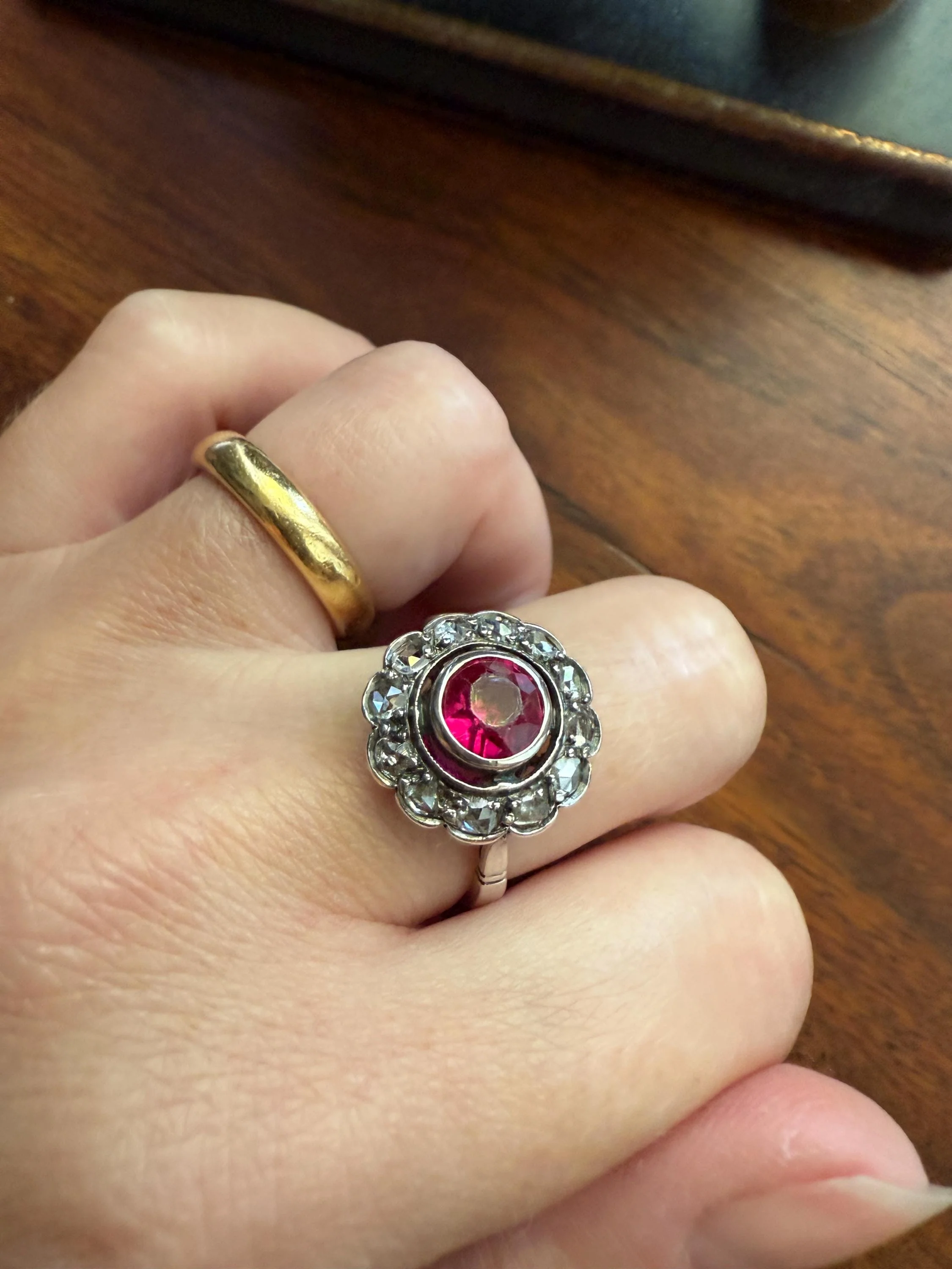 Antique Ruby & Rose Cut Diamond Halo Cluster Ring Pink Red Solid Silver French Edwardian Stacker - Image 2