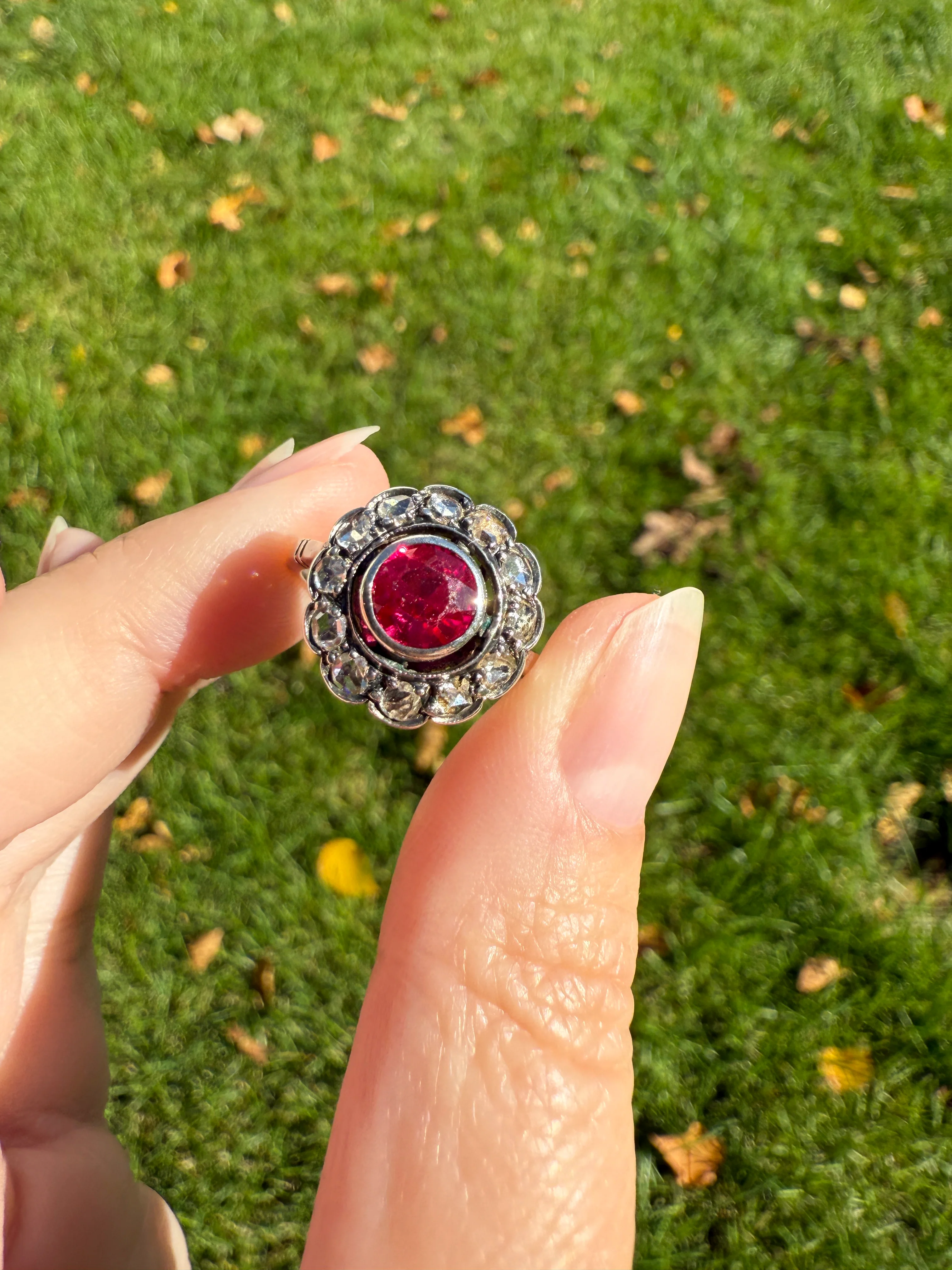 Antique Ruby & Rose Cut Diamond Halo Cluster Ring Pink Red Solid Silver French Edwardian Stacker - Image 20