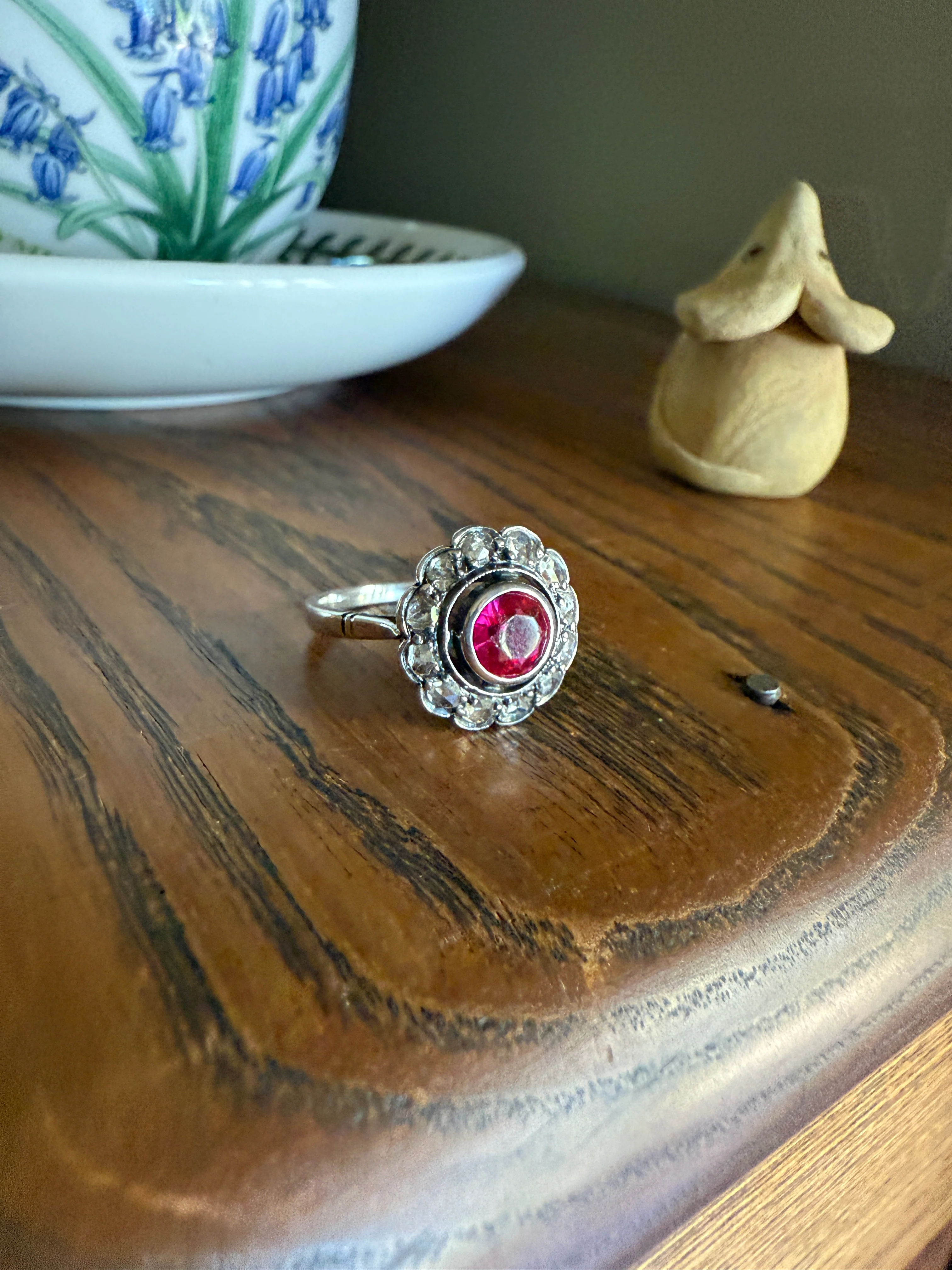 Antique Ruby & Rose Cut Diamond Halo Cluster Ring Pink Red Solid Silver French Edwardian Stacker - Image 21