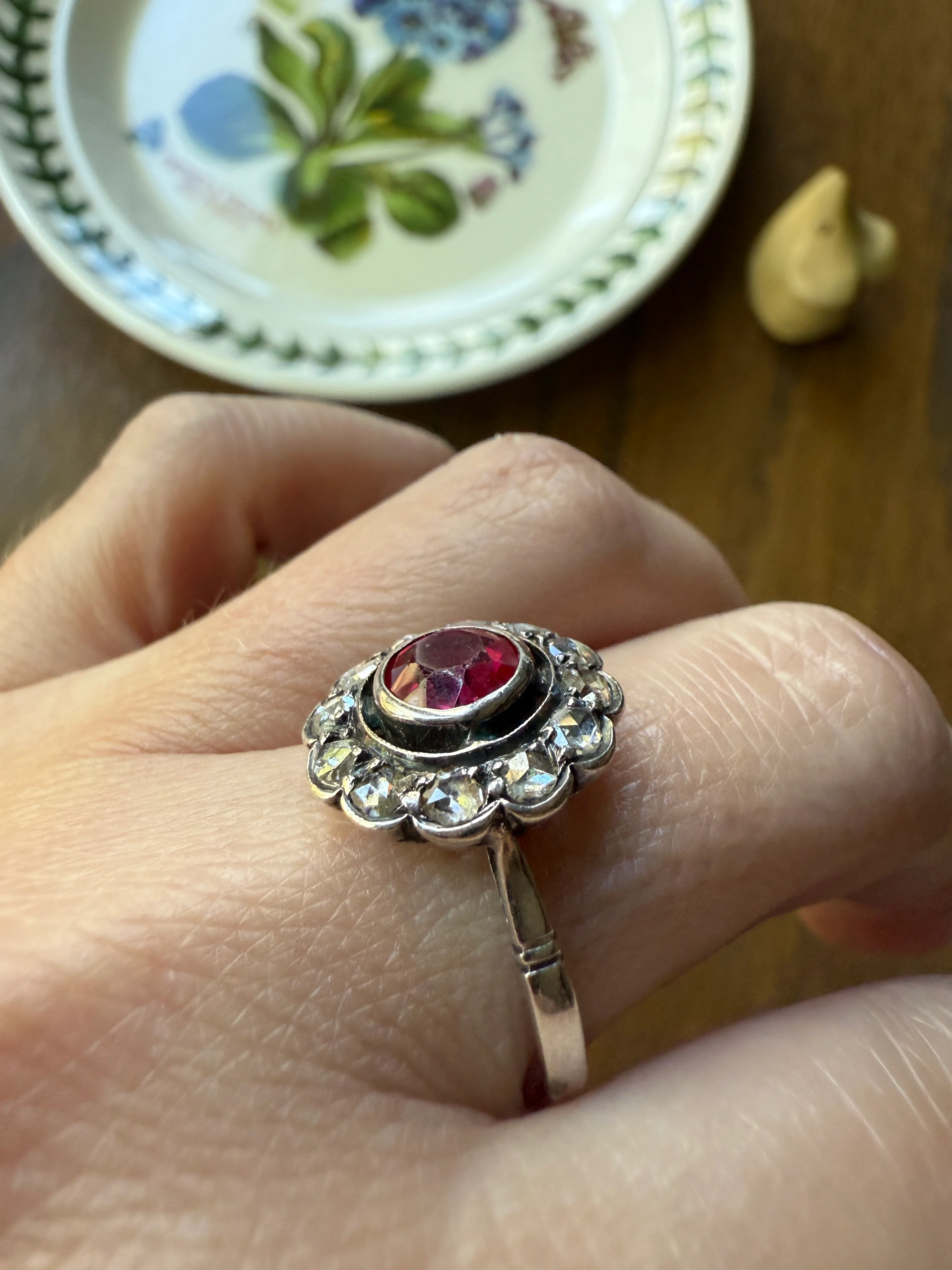 Antique Ruby & Rose Cut Diamond Halo Cluster Ring Pink Red Solid Silver French Edwardian Stacker - Image 22