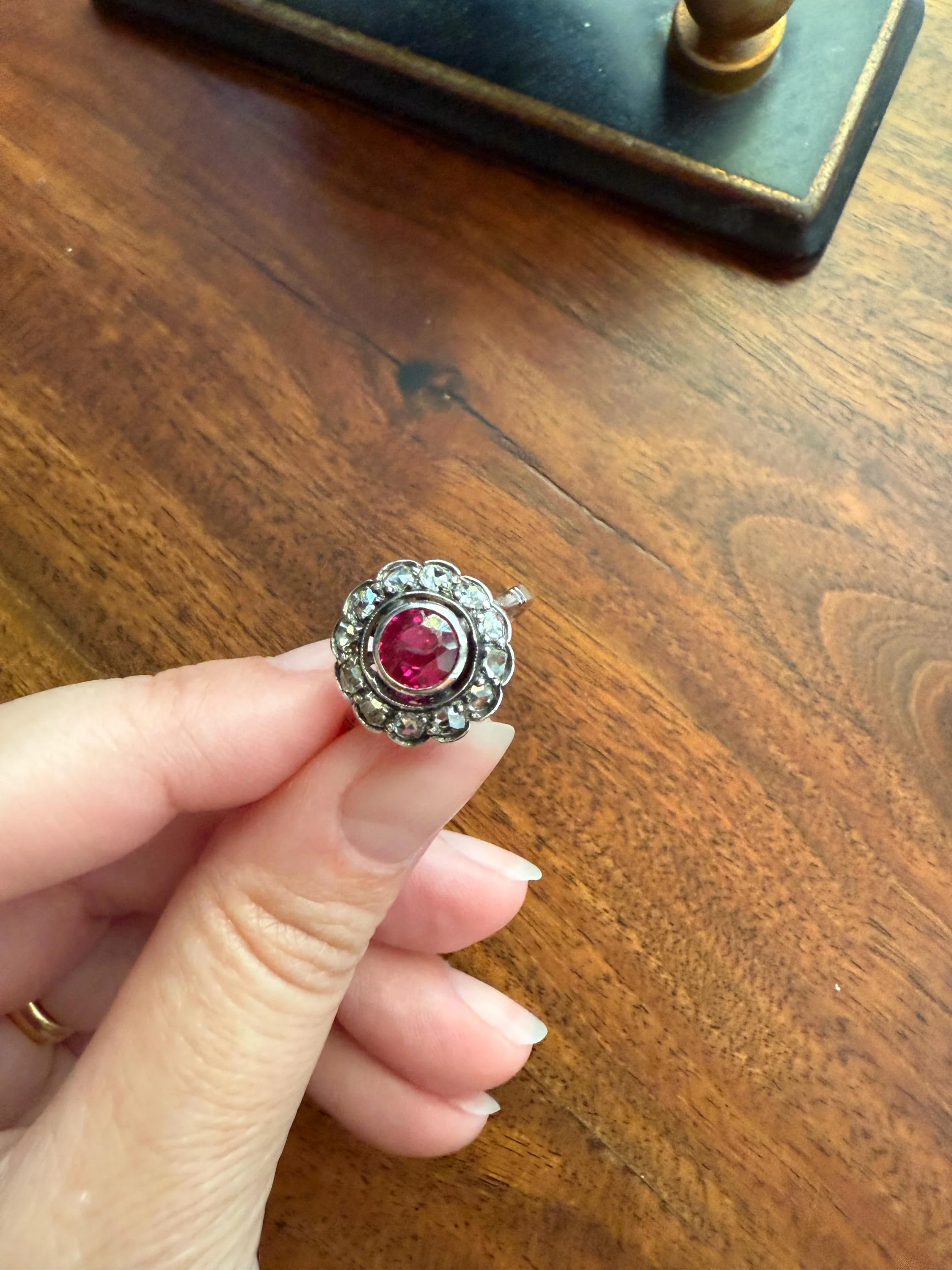 Antique Ruby & Rose Cut Diamond Halo Cluster Ring Pink Red Solid Silver French Edwardian Stacker - Image 3