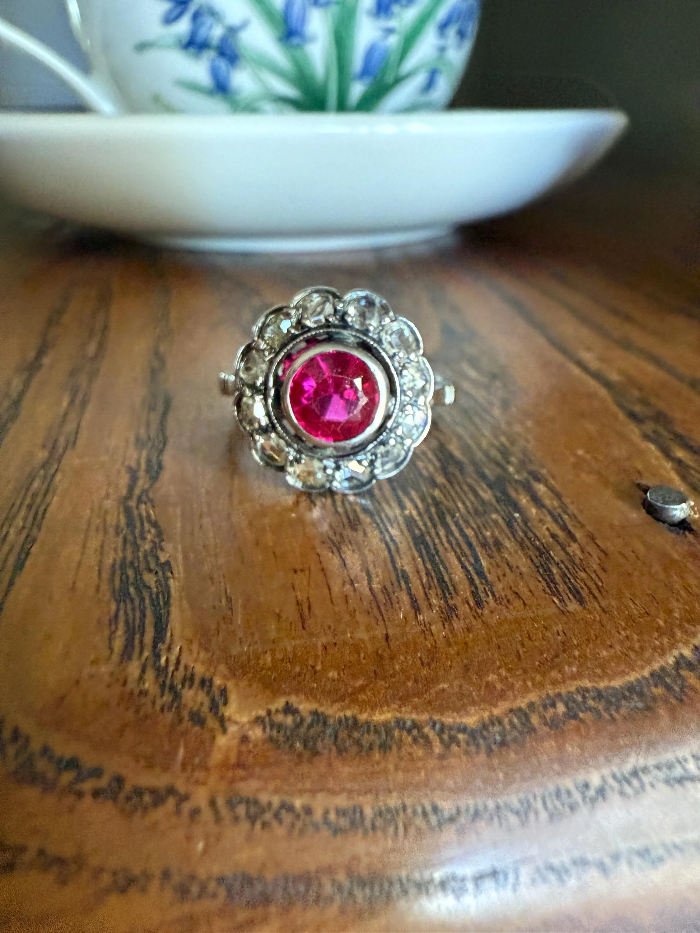 Antique Ruby & Rose Cut Diamond Halo Cluster Ring Pink Red Solid Silver French Edwardian Stacker - Image 4