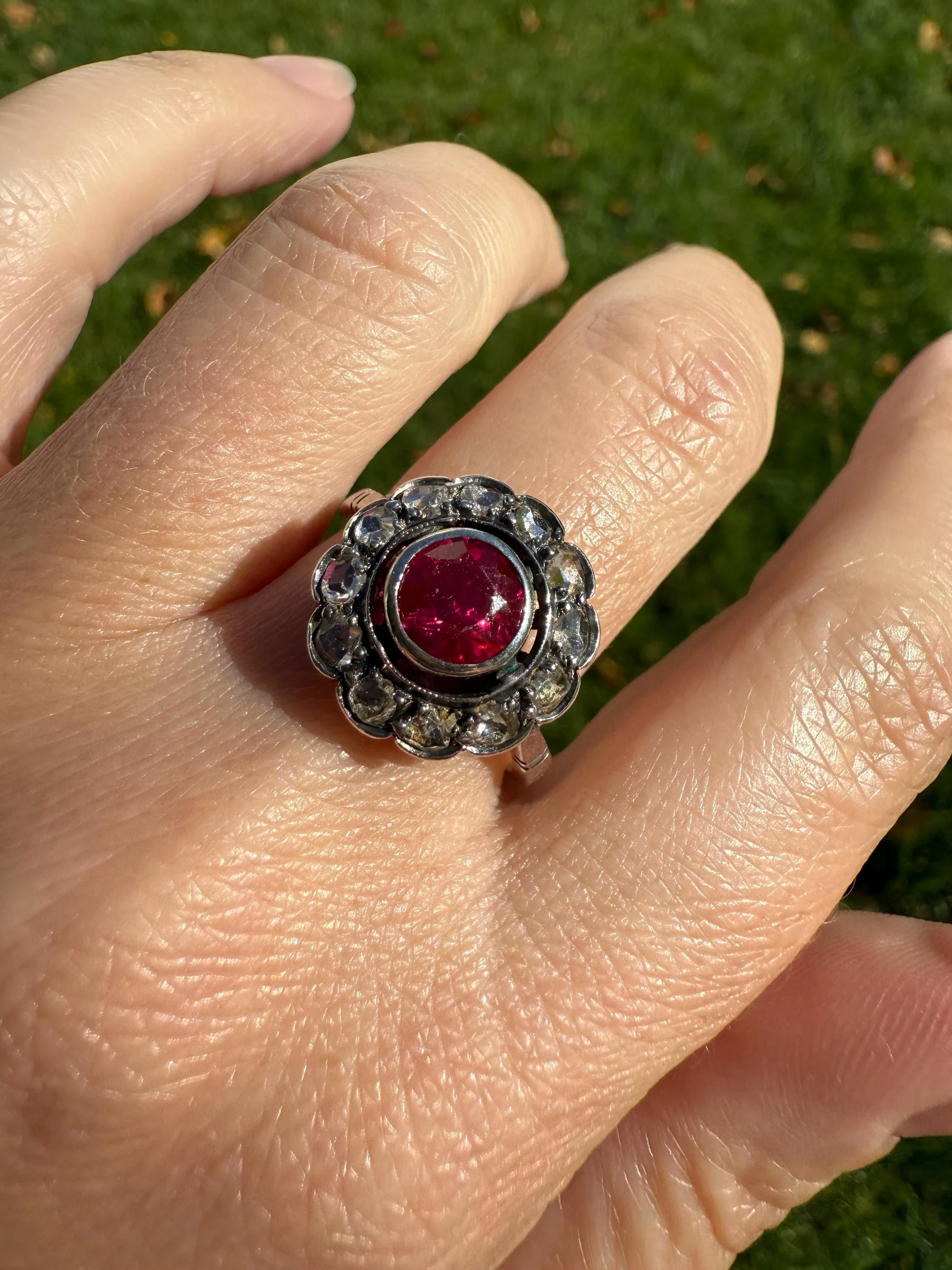 Antique Ruby & Rose Cut Diamond Halo Cluster Ring Pink Red Solid Silver French Edwardian Stacker - Image 5