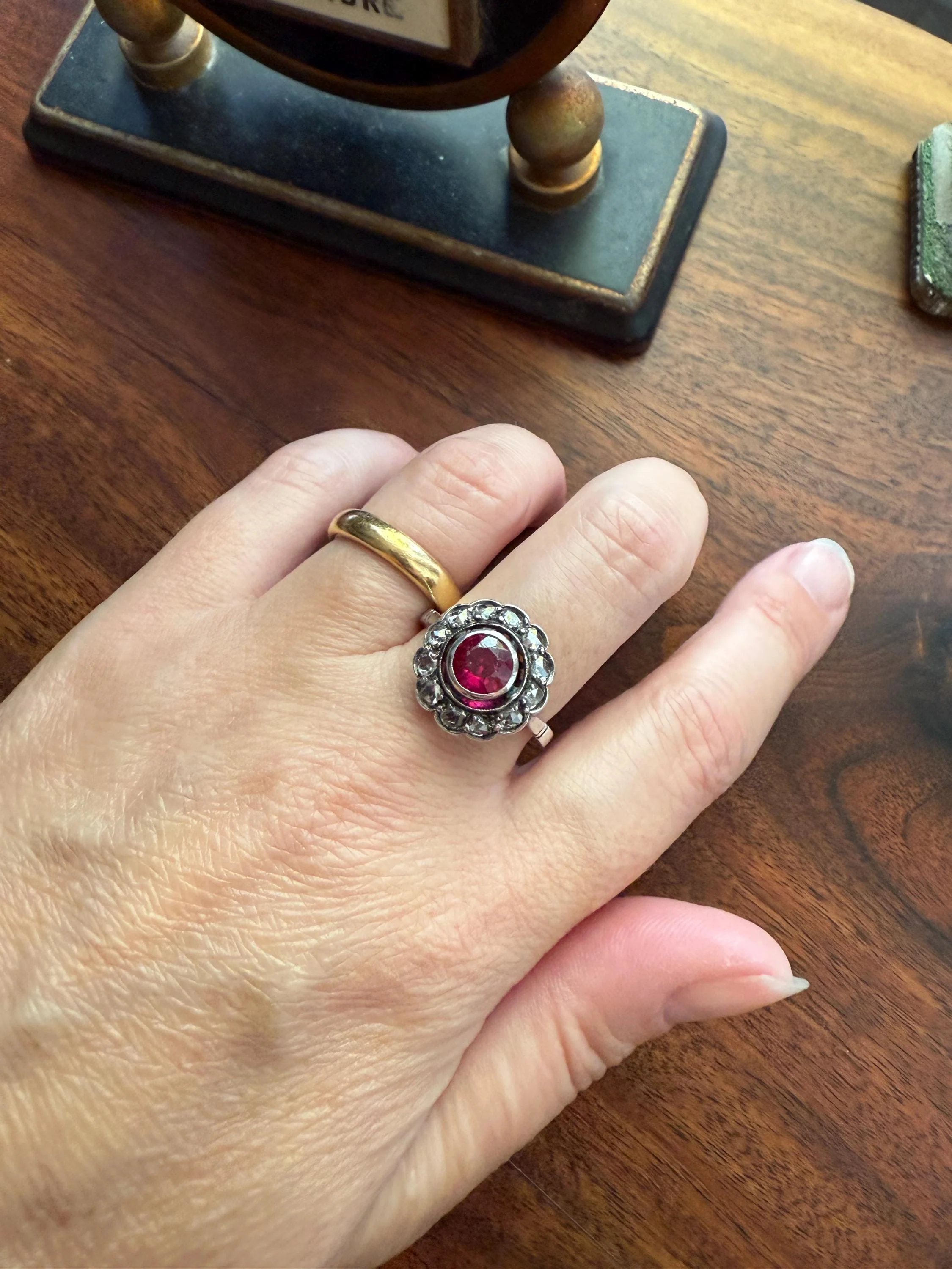 Antique Ruby & Rose Cut Diamond Halo Cluster Ring Pink Red Solid Silver French Edwardian Stacker - Image 6