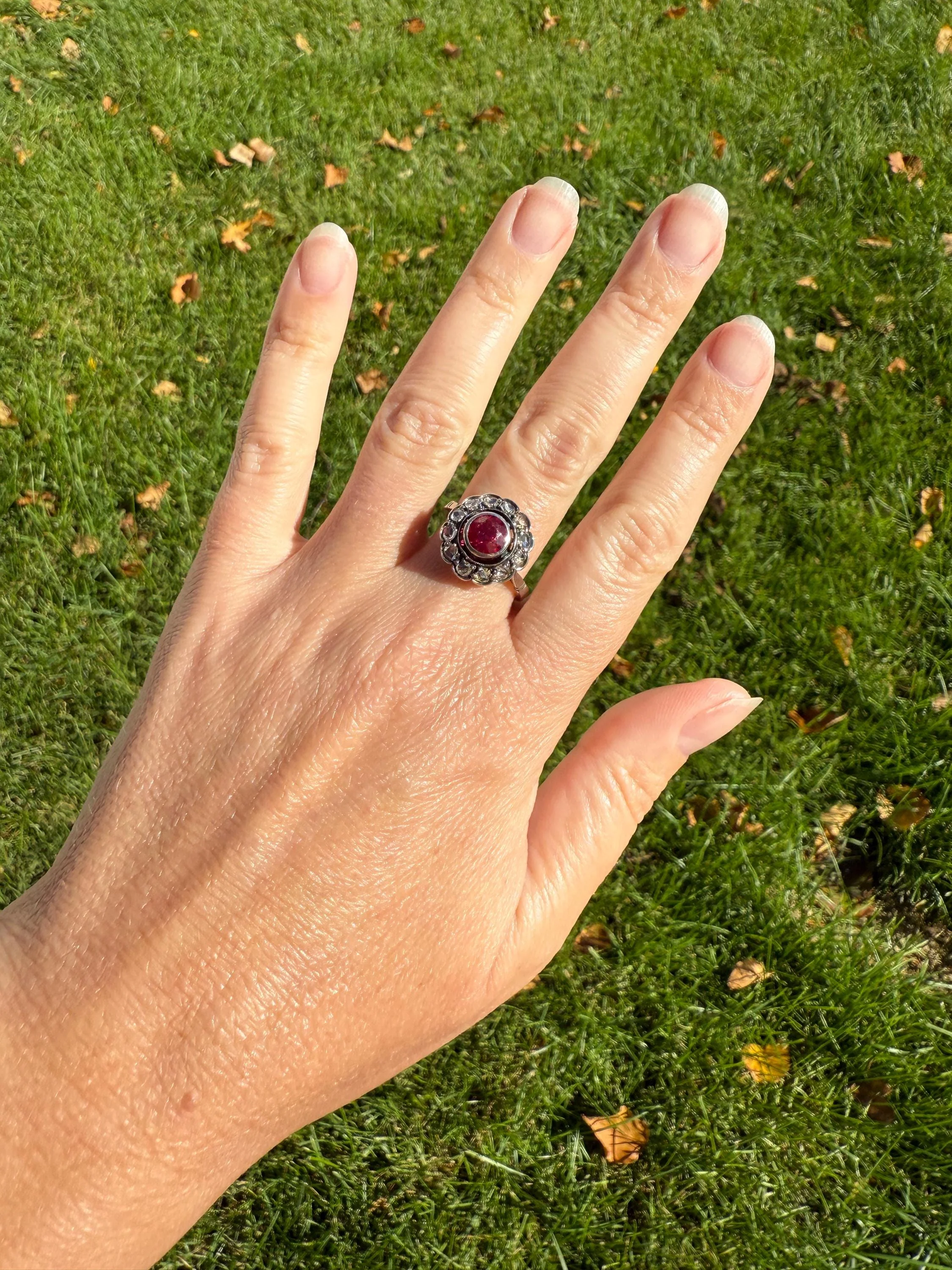 Antique Ruby & Rose Cut Diamond Halo Cluster Ring Pink Red Solid Silver French Edwardian Stacker - Image 7