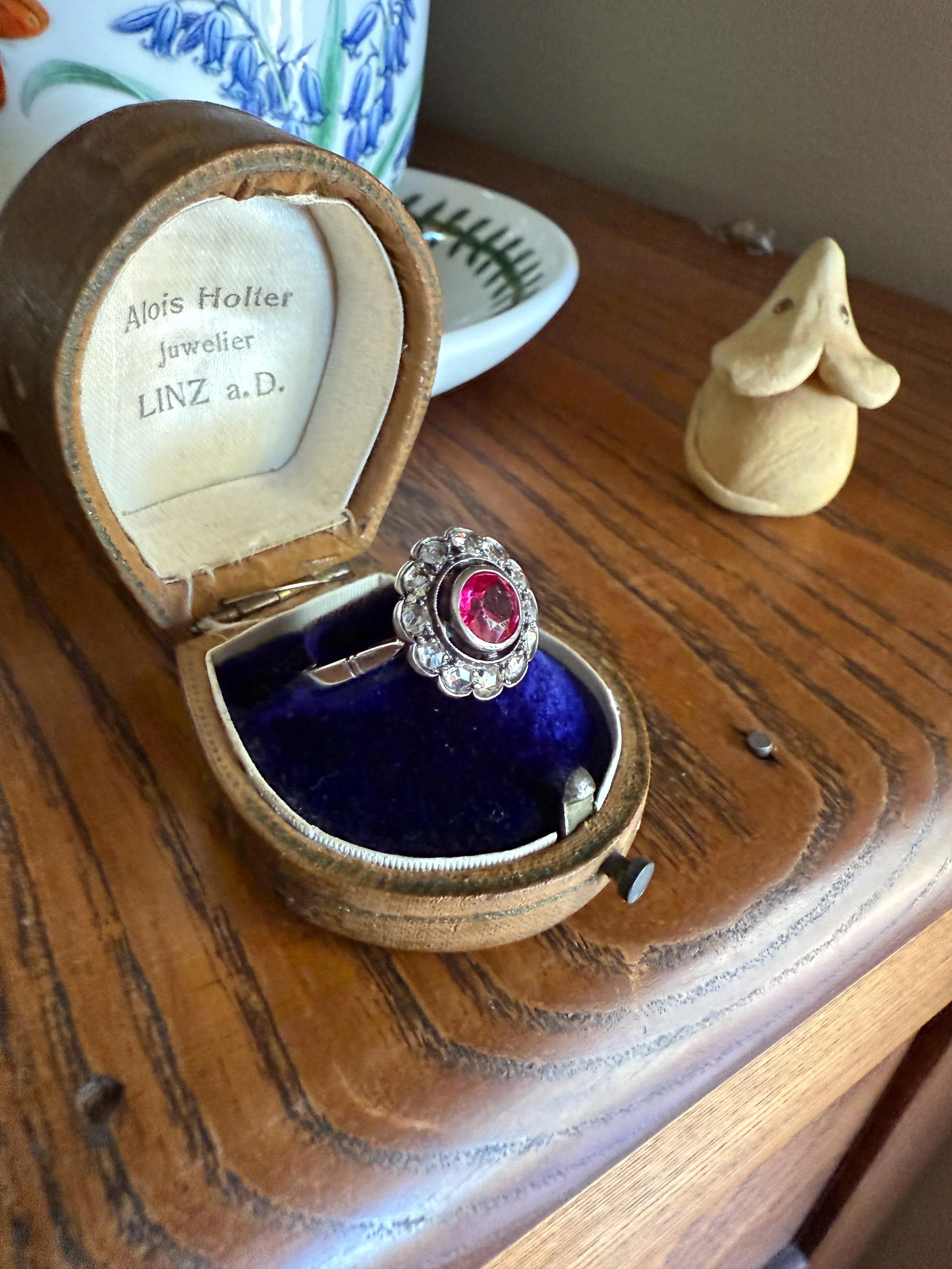 Antique Ruby & Rose Cut Diamond Halo Cluster Ring Pink Red Solid Silver French Edwardian Stacker - Image 8