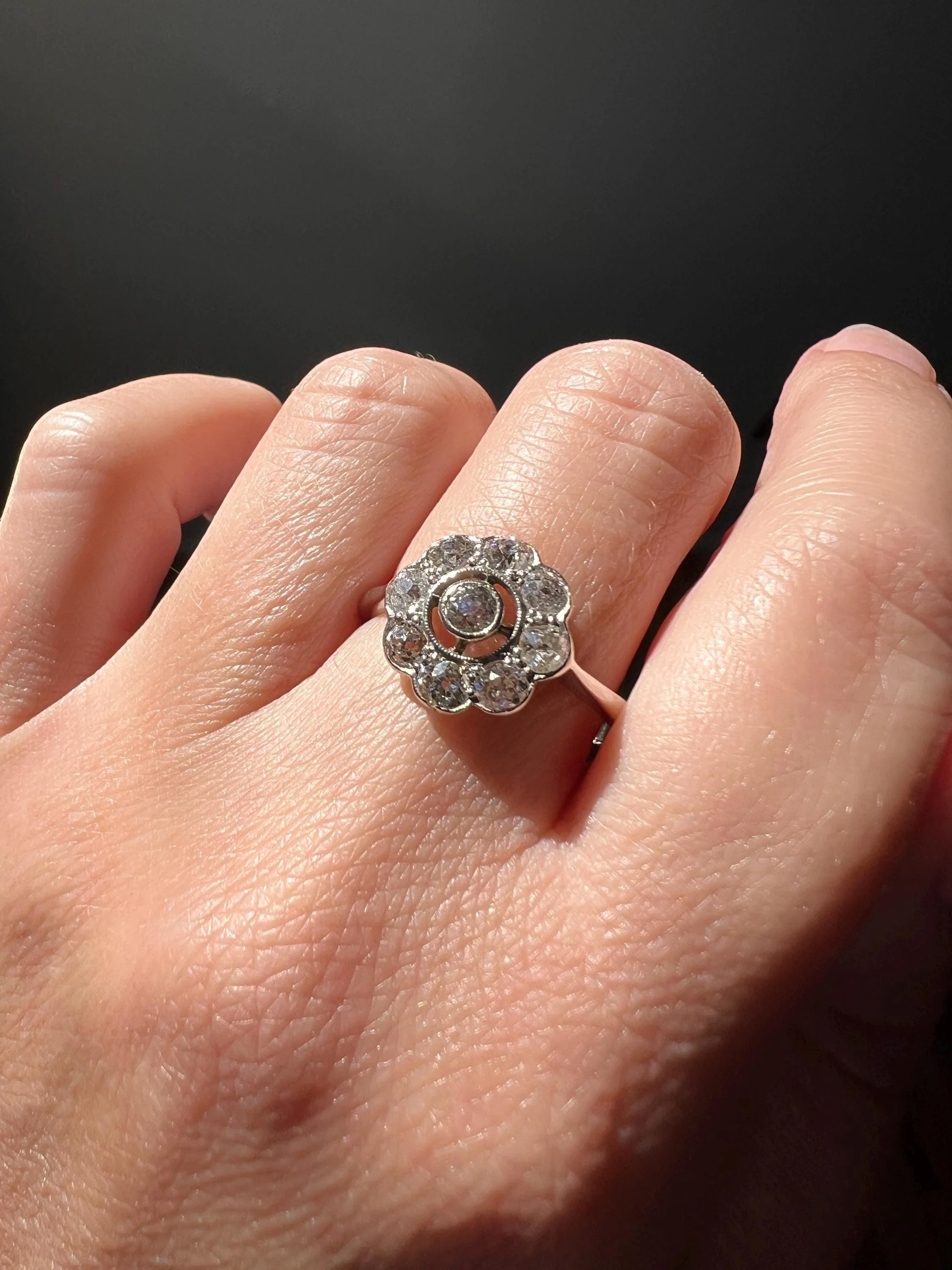 Antique Scalloped Daisy CLUSTER Ring 1.1 Carat Old Mine Cut DIAMOND French 18k Gold Nine Stone Ring - Image 3