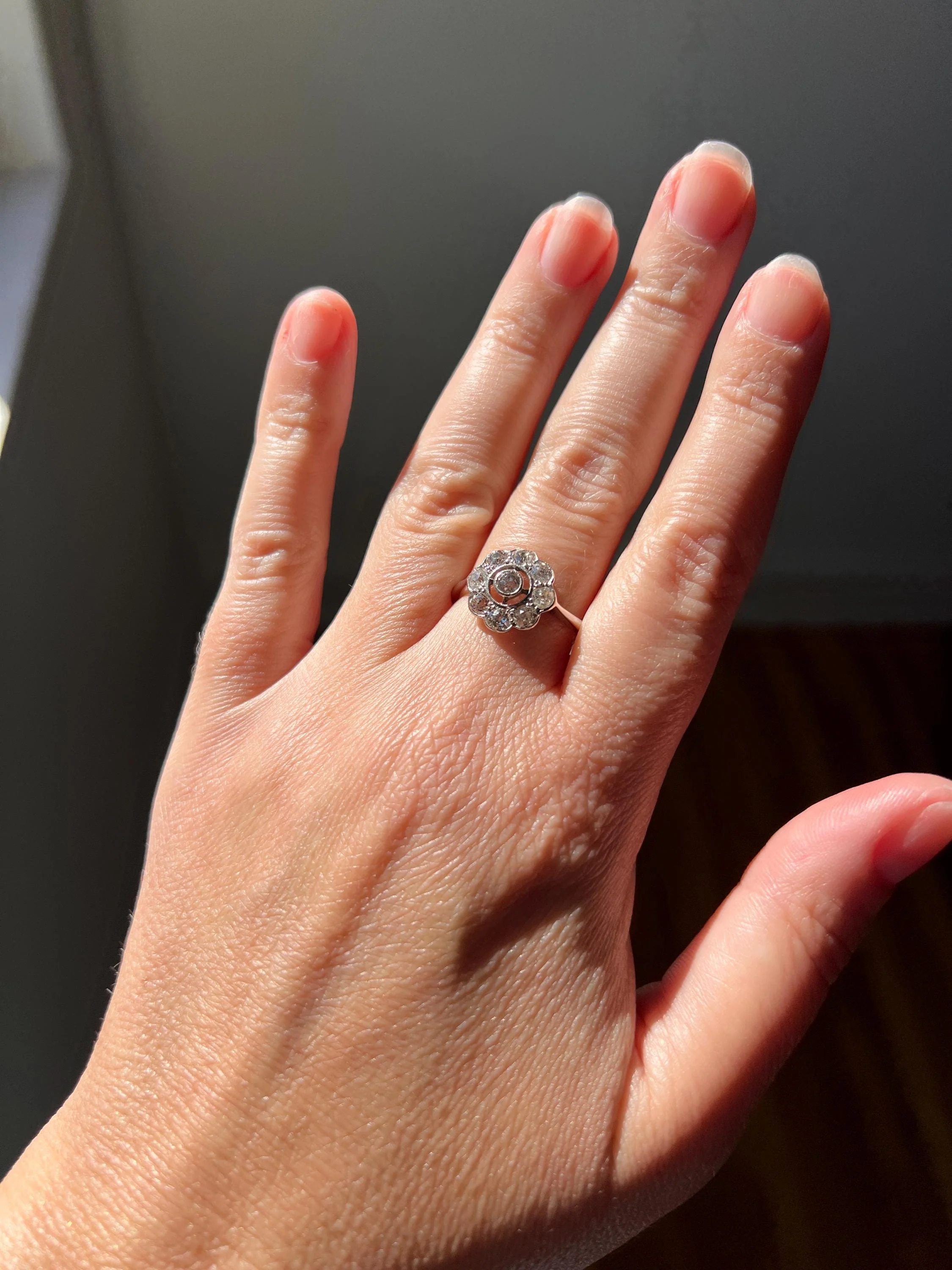 Antique Scalloped Daisy CLUSTER Ring 1.1 Carat Old Mine Cut DIAMOND French 18k Gold Nine Stone Ring - Image 5