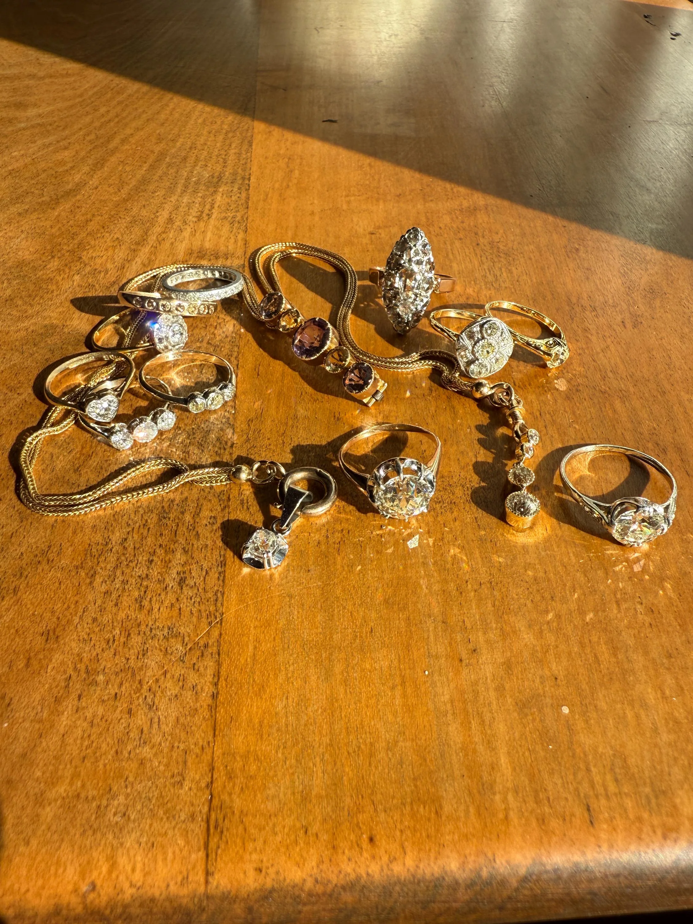 Antique Shades of Yellow Old Mine Cut Diamond Three Stone Ring 9k Gold & Platinum Bezel Set Stacker Trilogy Ring OMC - Image 13