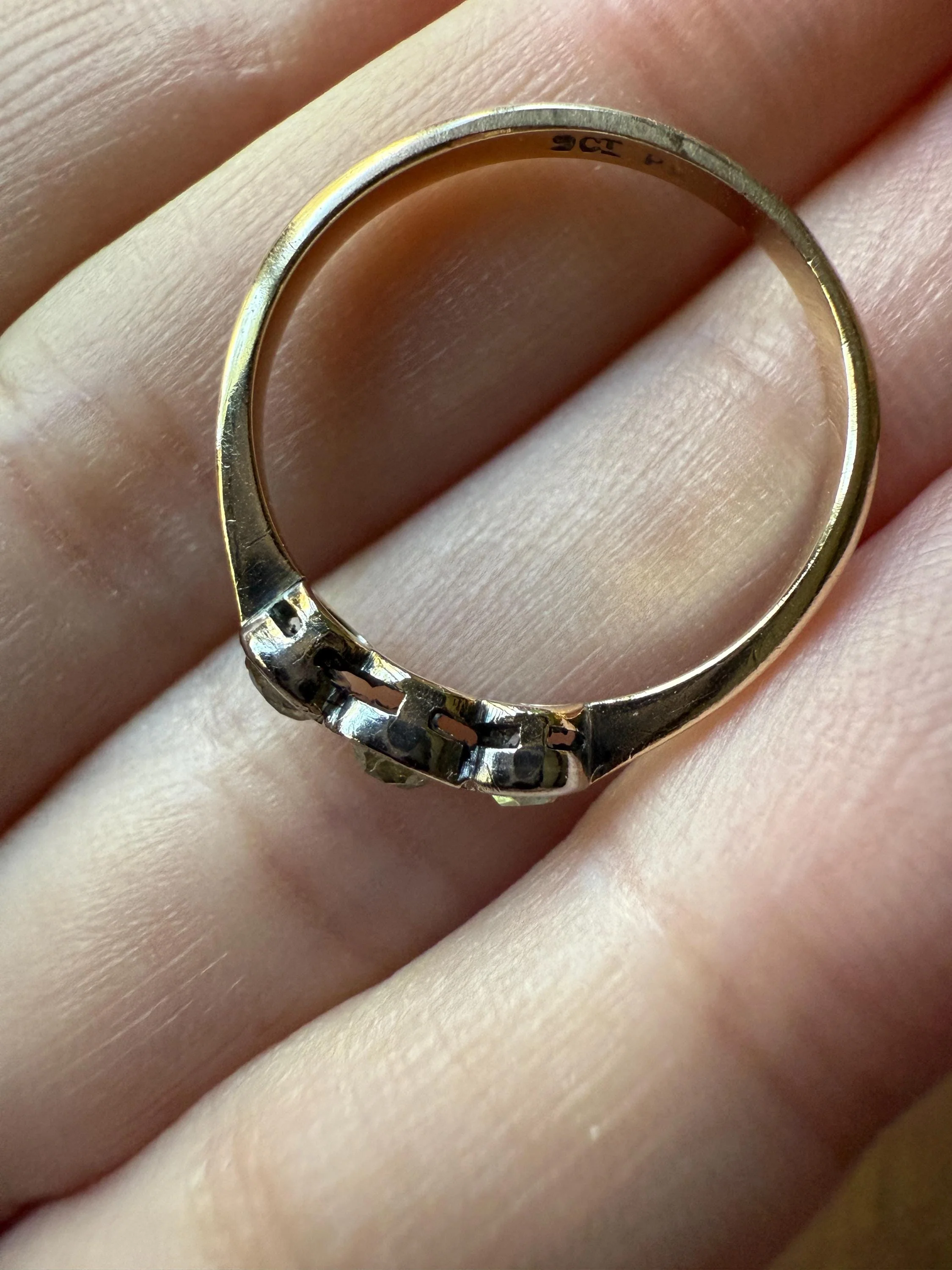 Antique Shades of Yellow Old Mine Cut Diamond Three Stone Ring 9k Gold & Platinum Bezel Set Stacker Trilogy Ring OMC - Image 18