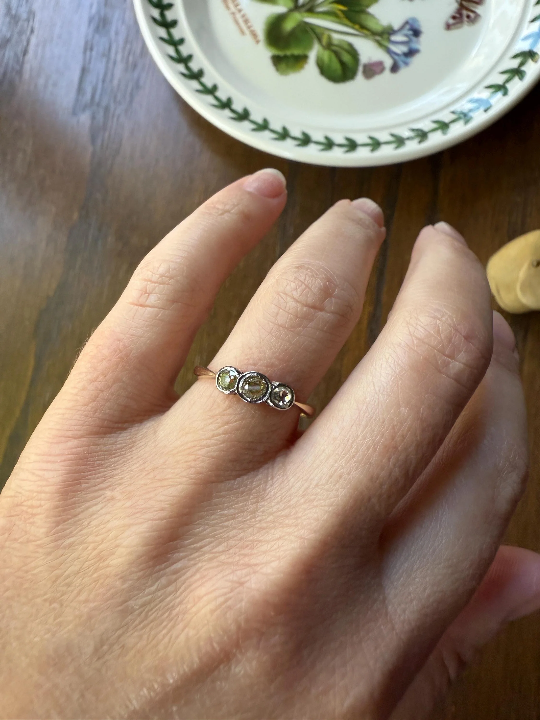 Antique Shades of Yellow Old Mine Cut Diamond Three Stone Ring 9k Gold & Platinum Bezel Set Stacker Trilogy Ring OMC - Image 2