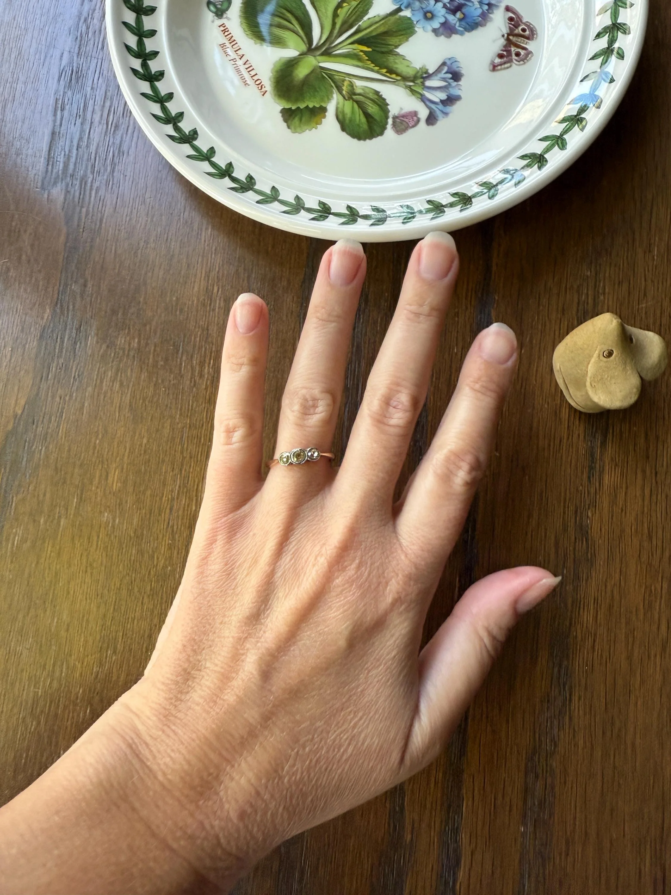Antique Shades of Yellow Old Mine Cut Diamond Three Stone Ring 9k Gold & Platinum Bezel Set Stacker Trilogy Ring OMC - Image 4