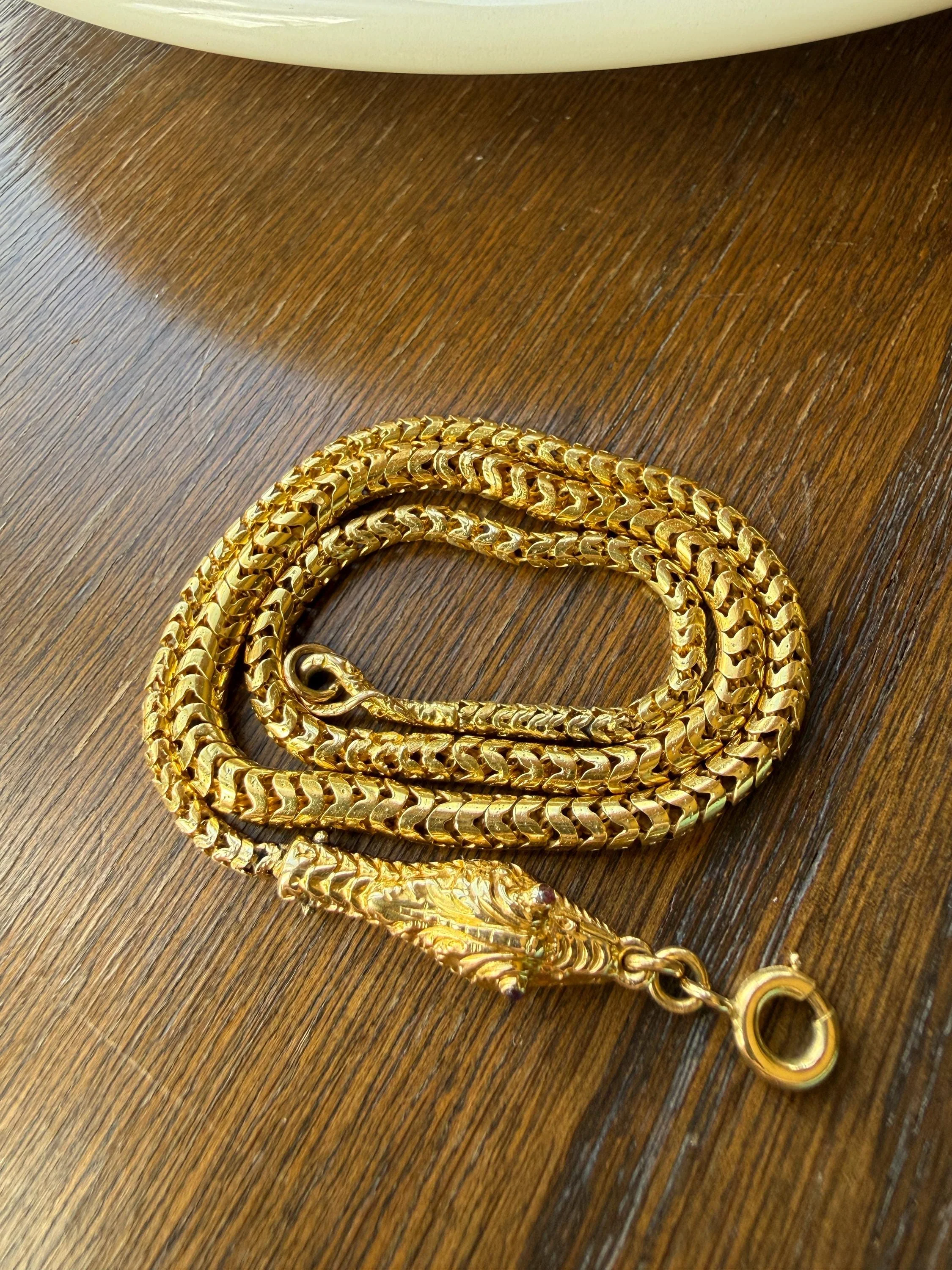 Antique SNAKE Head and Coiled Tail Reticulated Scales Chain 20g 18k Gold Solid Victorian Figural Heavy Necklace - Image 15