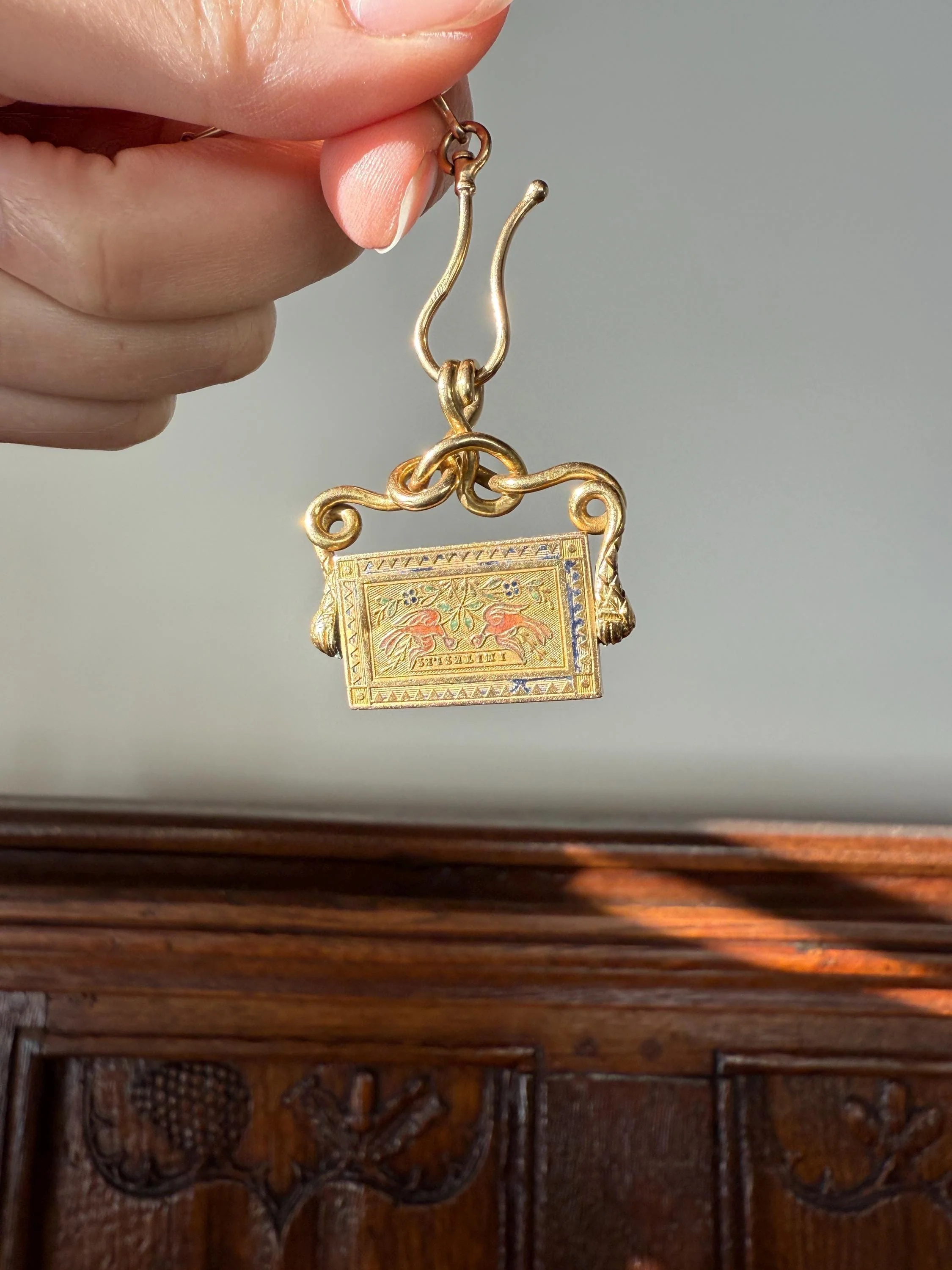 Antique SNAKE "Imitate the BIRDS" Floral Pansy Reversible Fob Pendant Heavy 7.3g 18k Gold French Traditional Enamel Coiled Two Heads - Image 12
